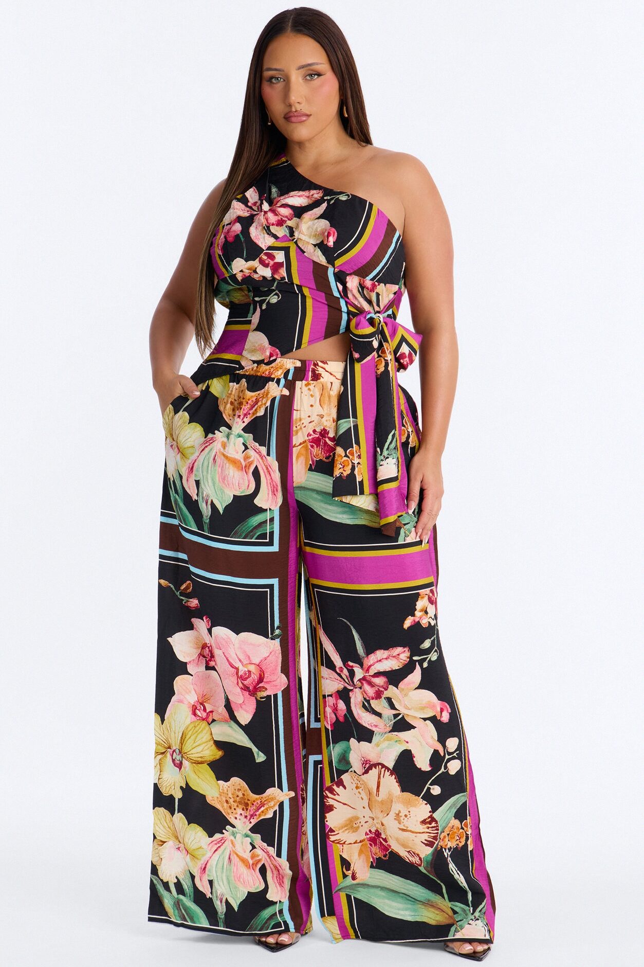 Elara One Shoulder Floral Airflow Pant Set - Multi Color