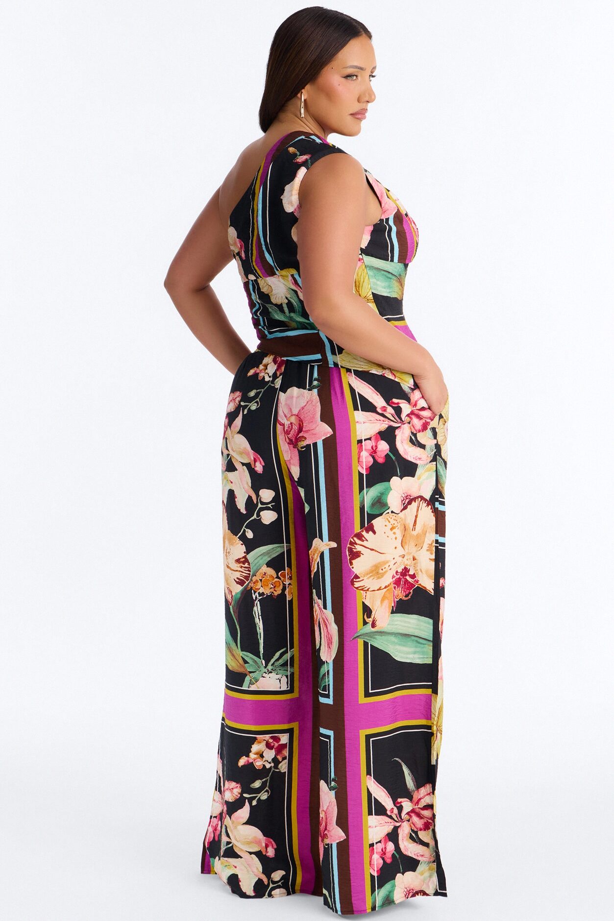 Elara One Shoulder Floral Airflow Pant Set - Multi Color