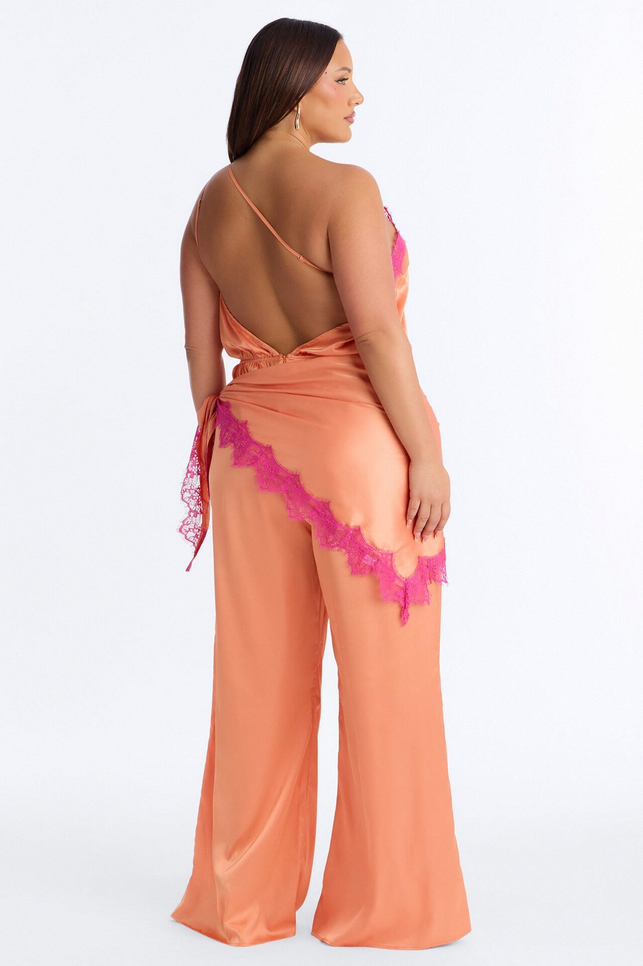 Valeria Satin Waist Scarf Wide Leg Jumpsuit - Orange