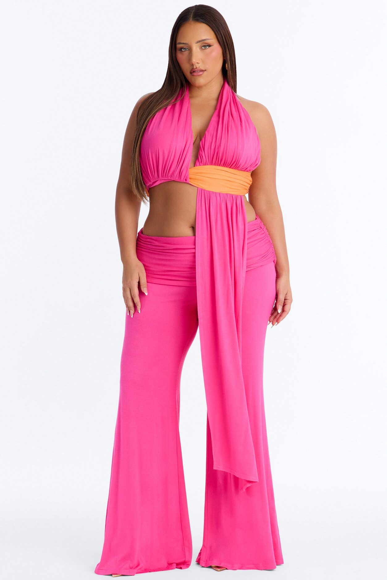Avery Ruched Waist Pant Set - Hot Pink/combo