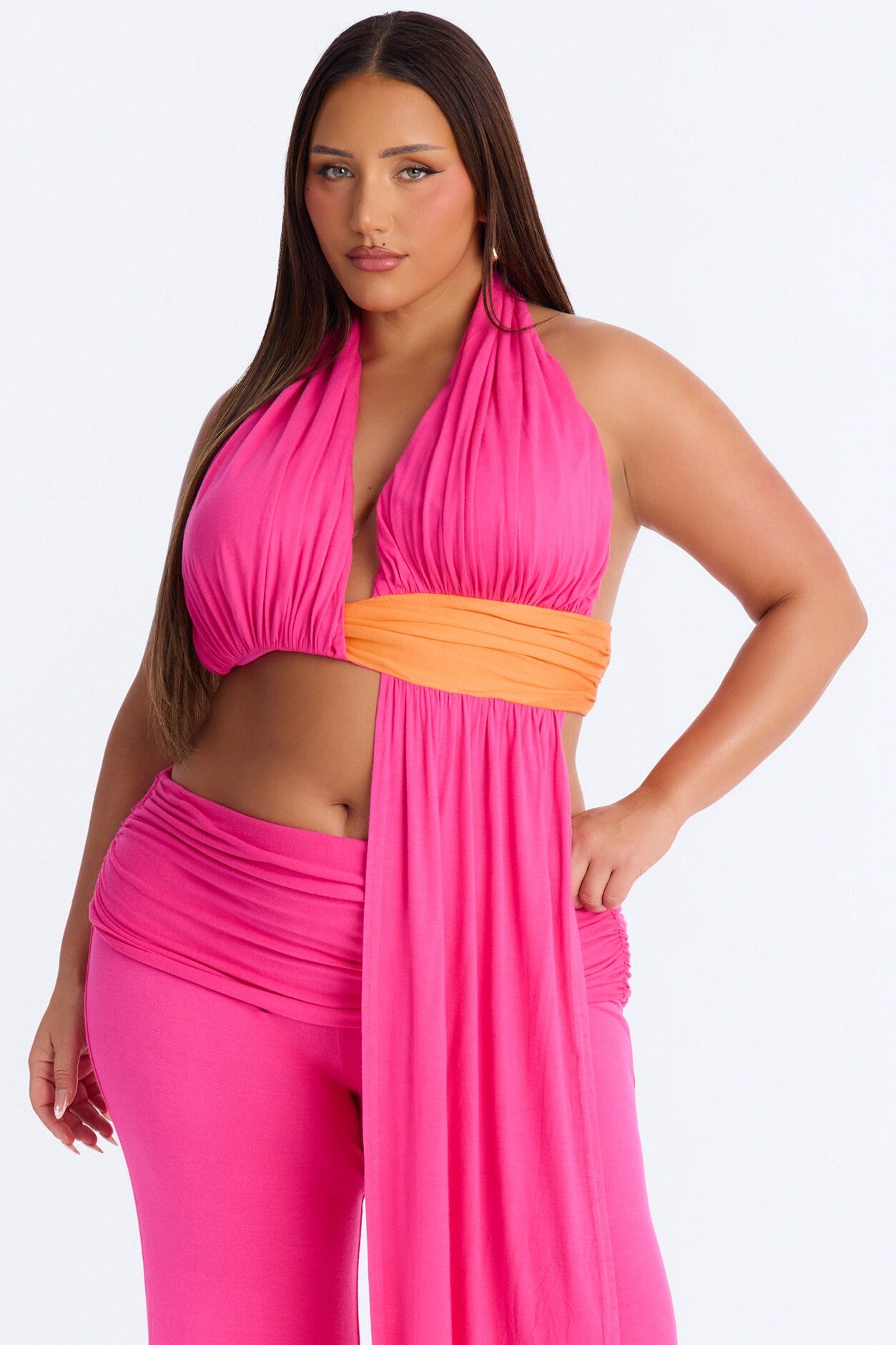 Avery Ruched Waist Pant Set - Hot Pink/combo