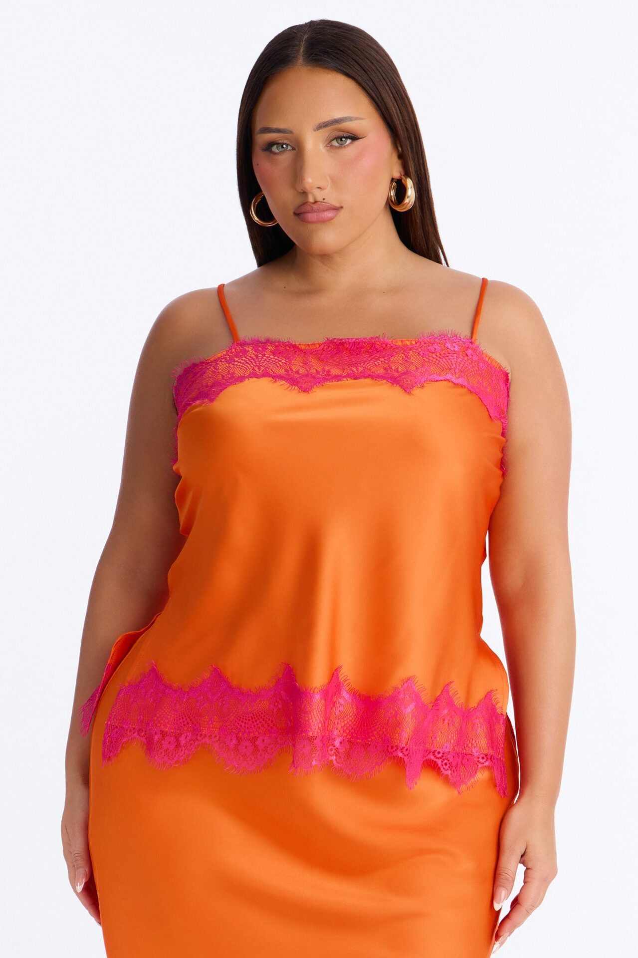 Late Night Kiss Satin Midi Skirt Set - Orange