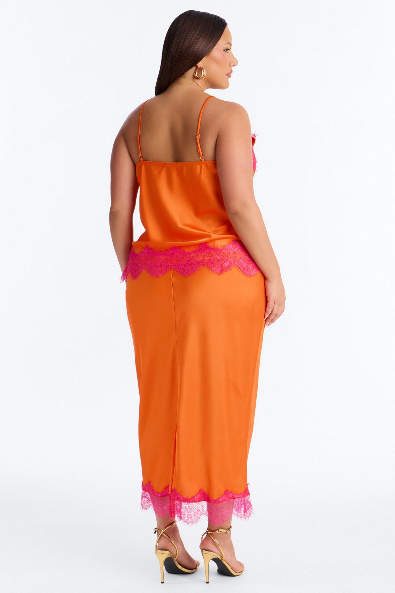 Late Night Kiss Satin Midi Skirt Set - Orange