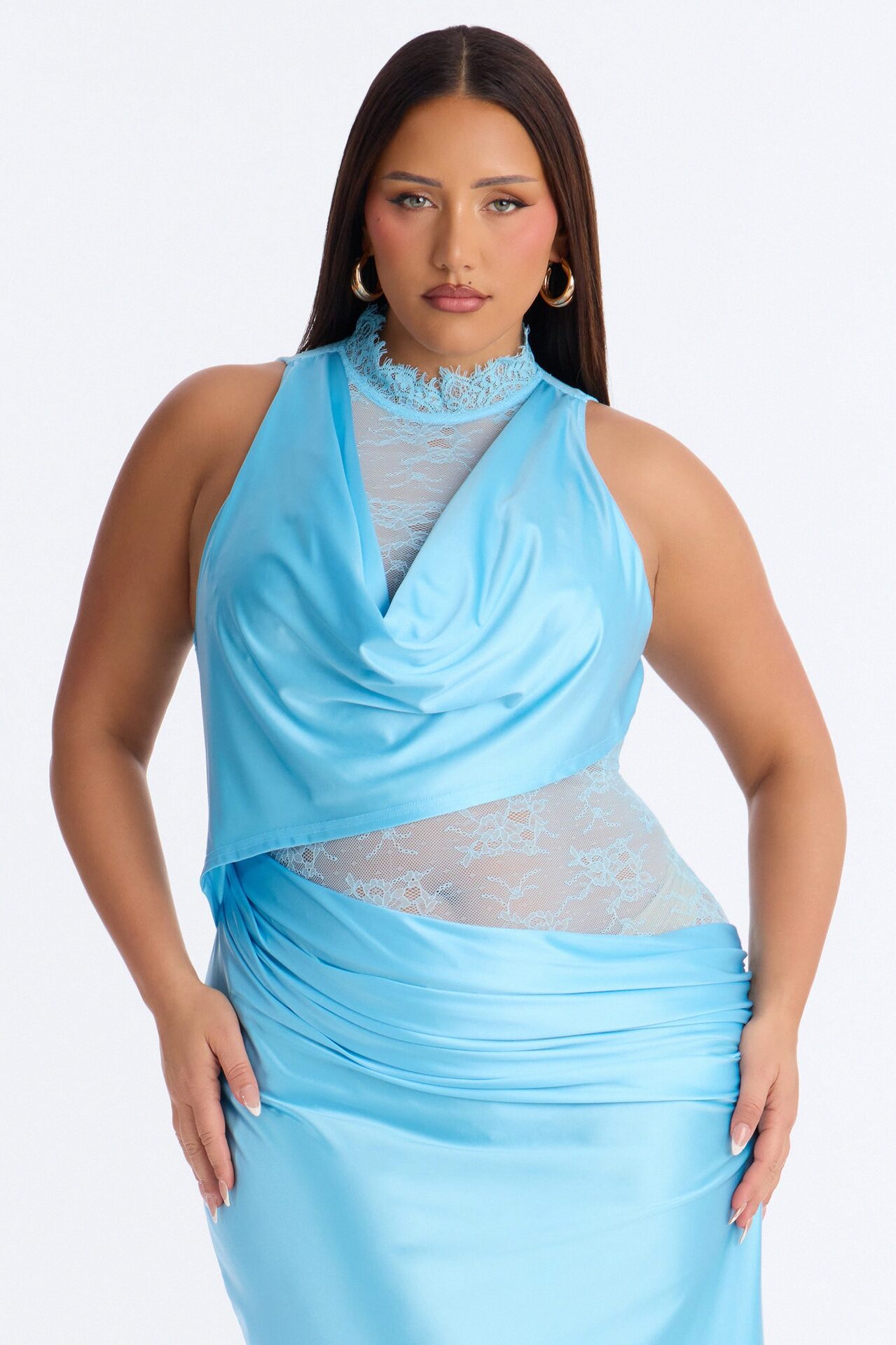 A Night Off Satin Lace Gown - Blue/combo