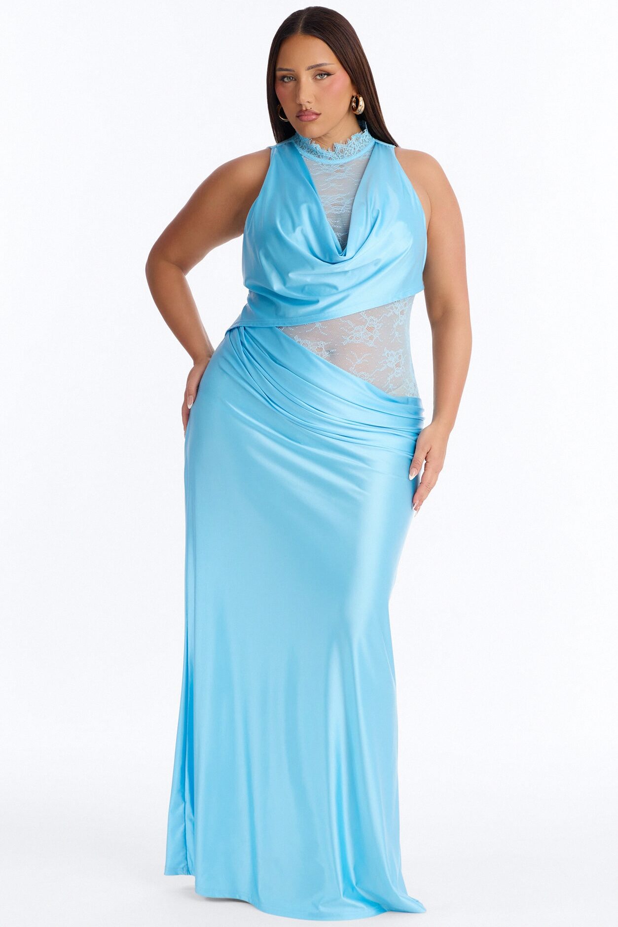 A Night Off Satin Lace Gown - Blue/combo