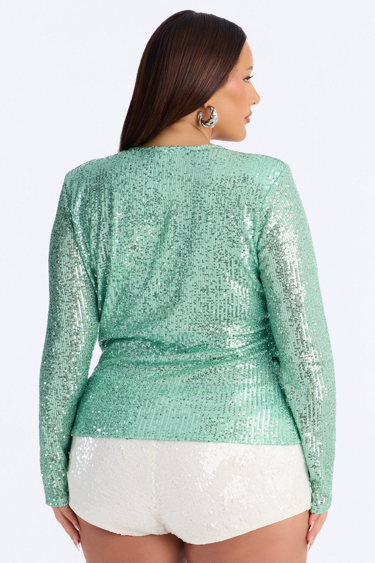 Sara Sequin Cowl Neck Shoulder Pad Long Sleeve Top - Sage