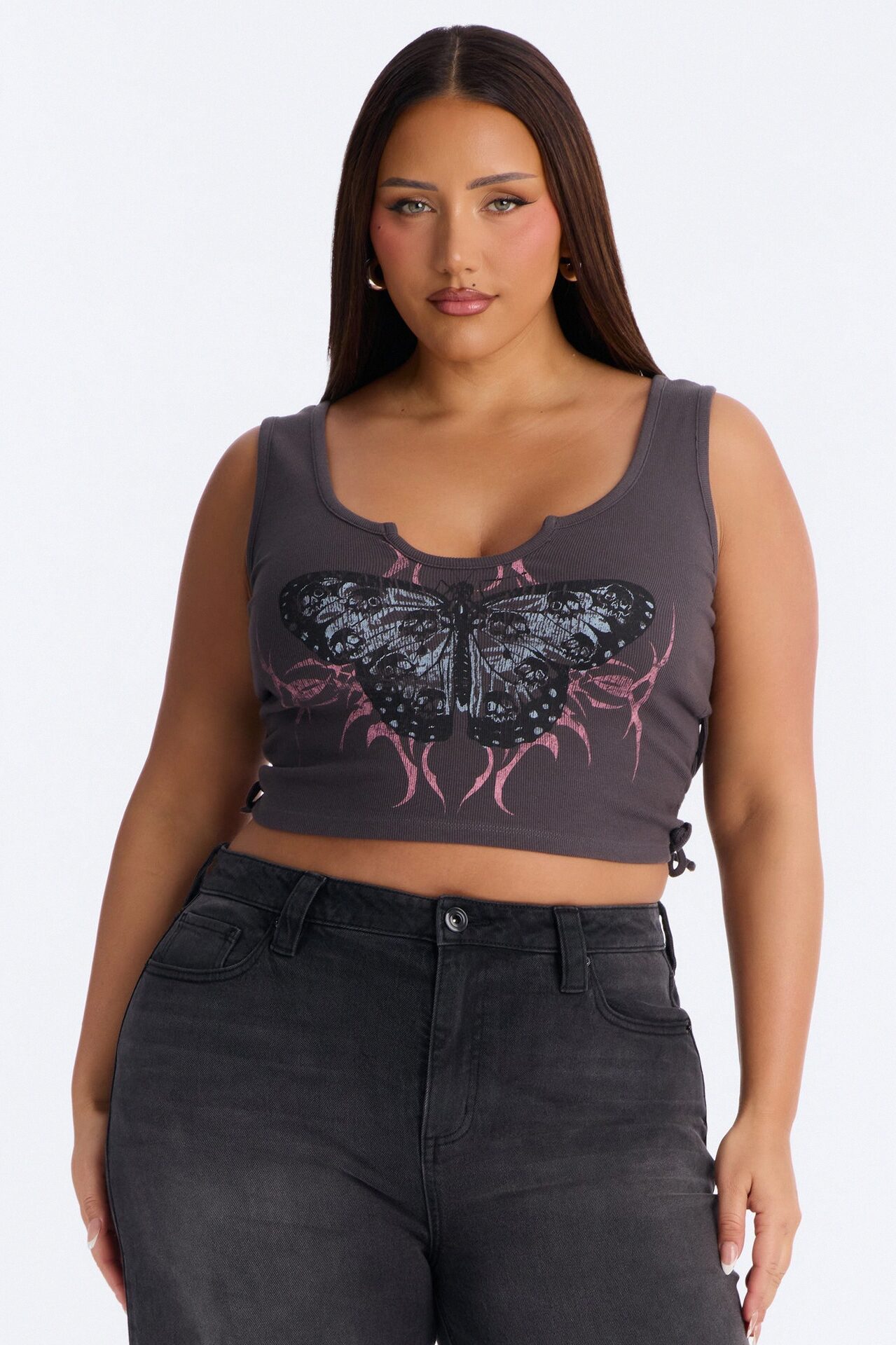 Spread Your Wings Notch Neck Side Tie Tank - Black Wash