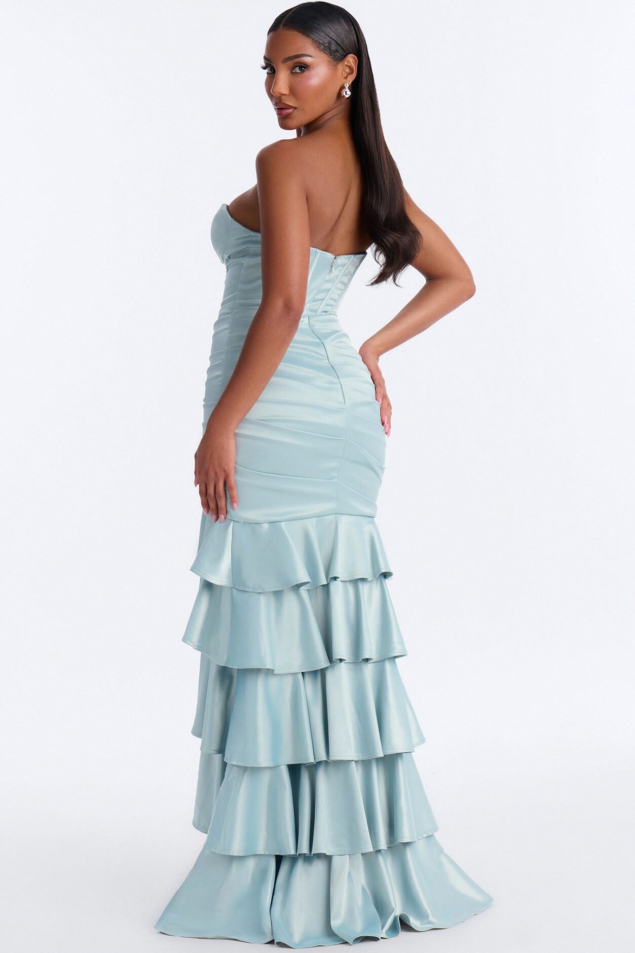Bold Glamour Ruffle Satin Gown - Sage