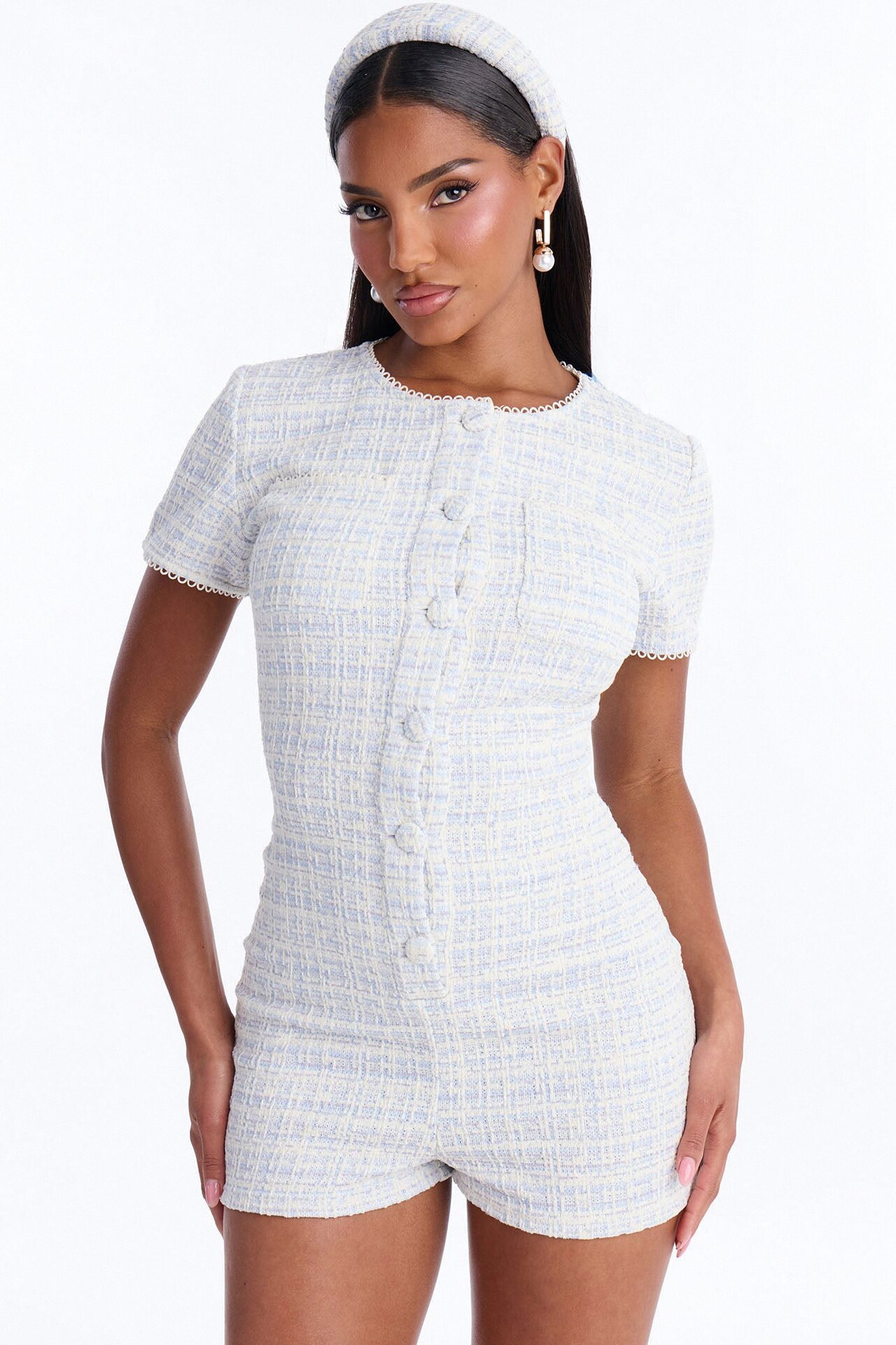 Colette Tweed Headband and Romper - Blue