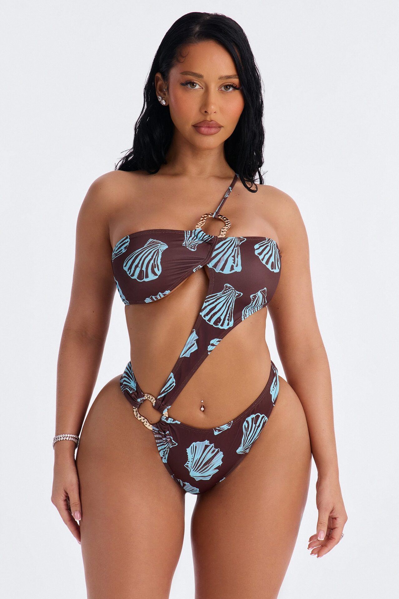 Reality Can Wait 1 Piece Tropical Asymmetrical Cut Out Swimsuit - Brown/combo