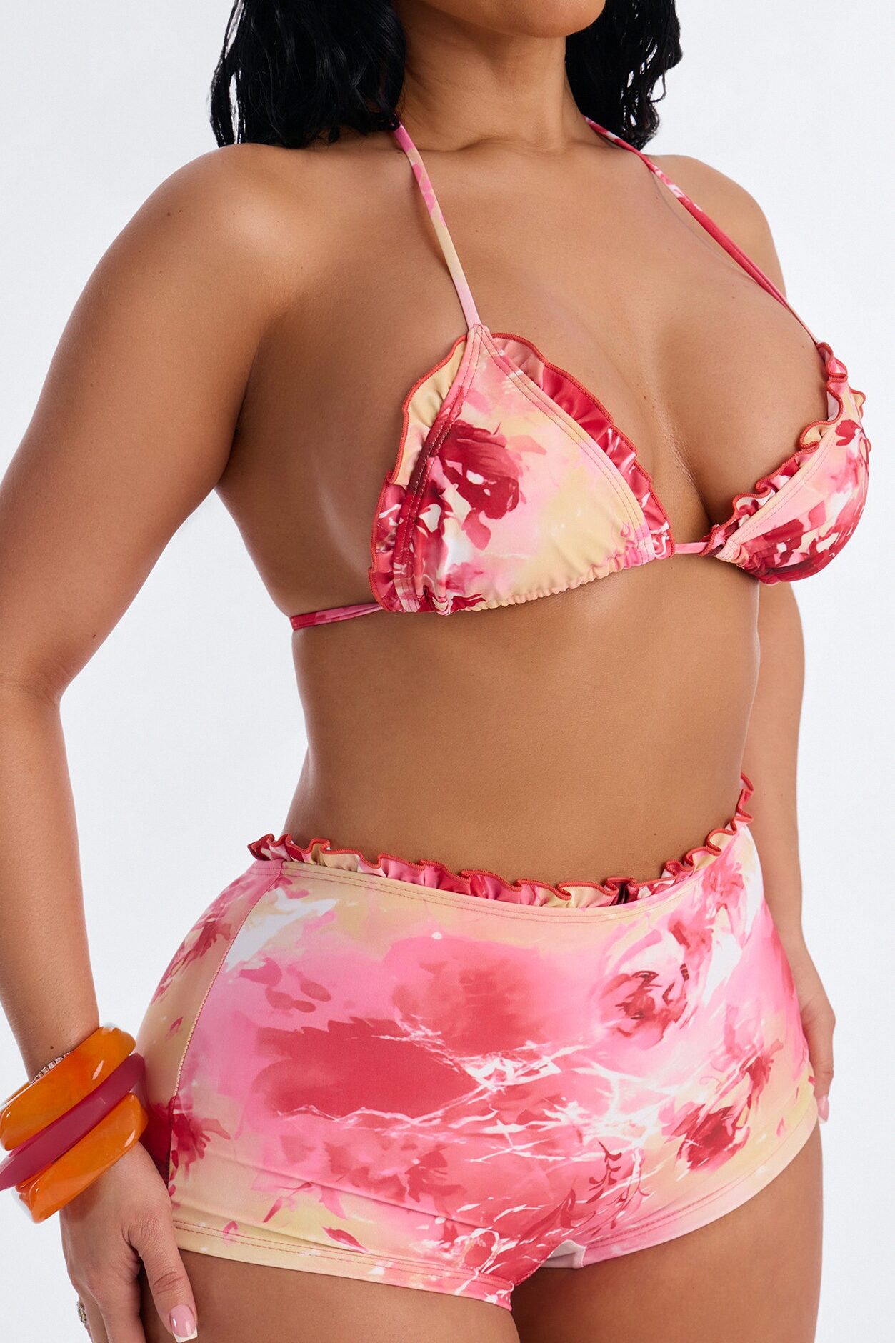 Rina 2 Piece Ruffle Floral Triangle Bikini & Boyshort Bottom Set - Pink/combo
