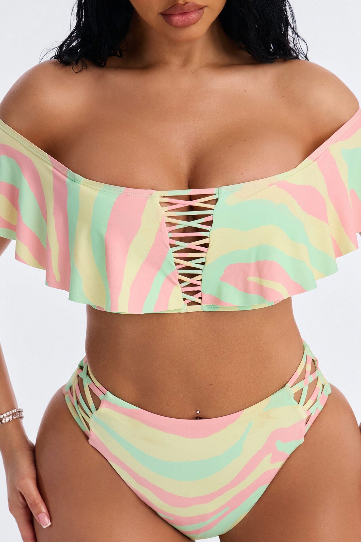 Oceanside Chic 2 Piece Marble Off Shoulder Lace Up Bikini Set - Mint/combo