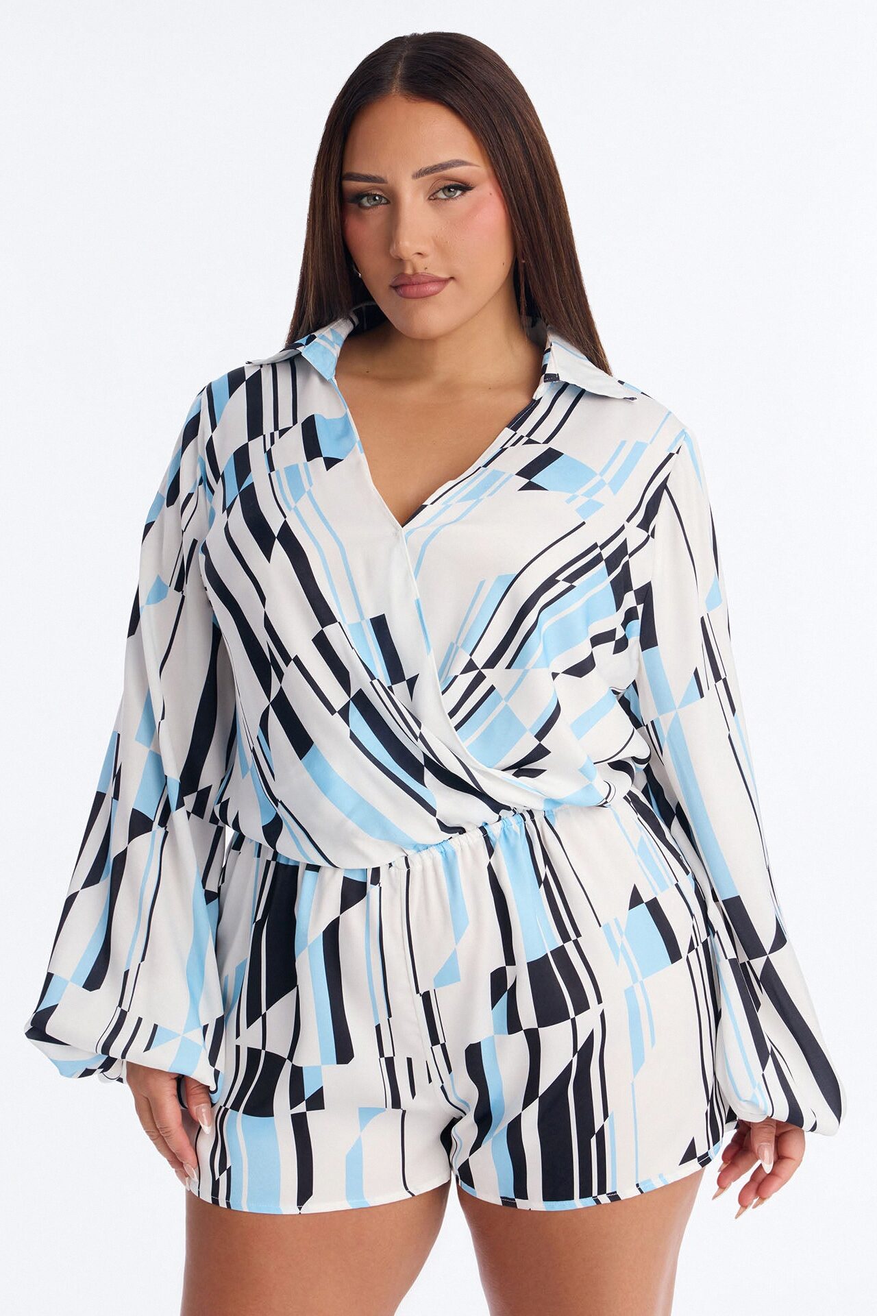Samalia Satin Collar Neck Romper - Blue