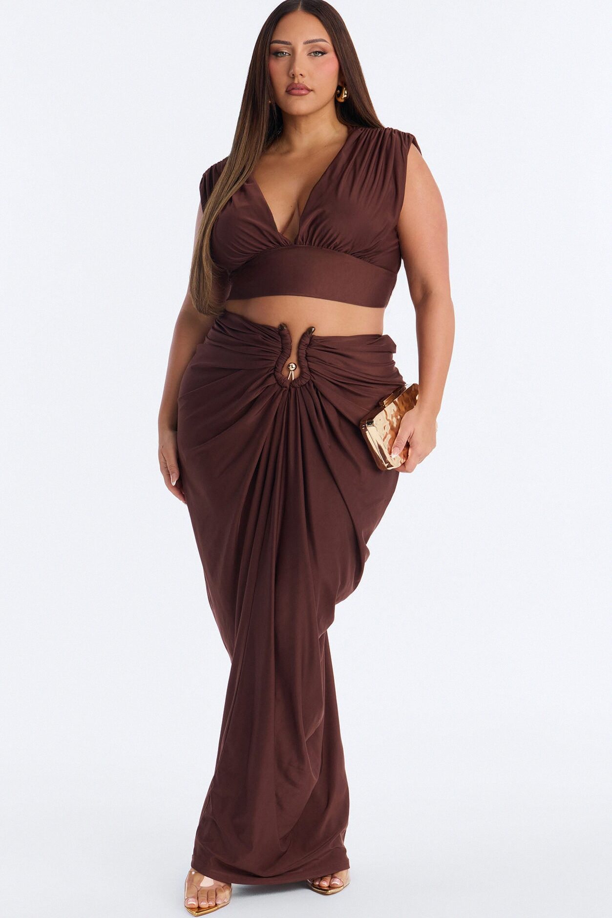 Divinely Draped Double Lined Skirt Set - Chocolate