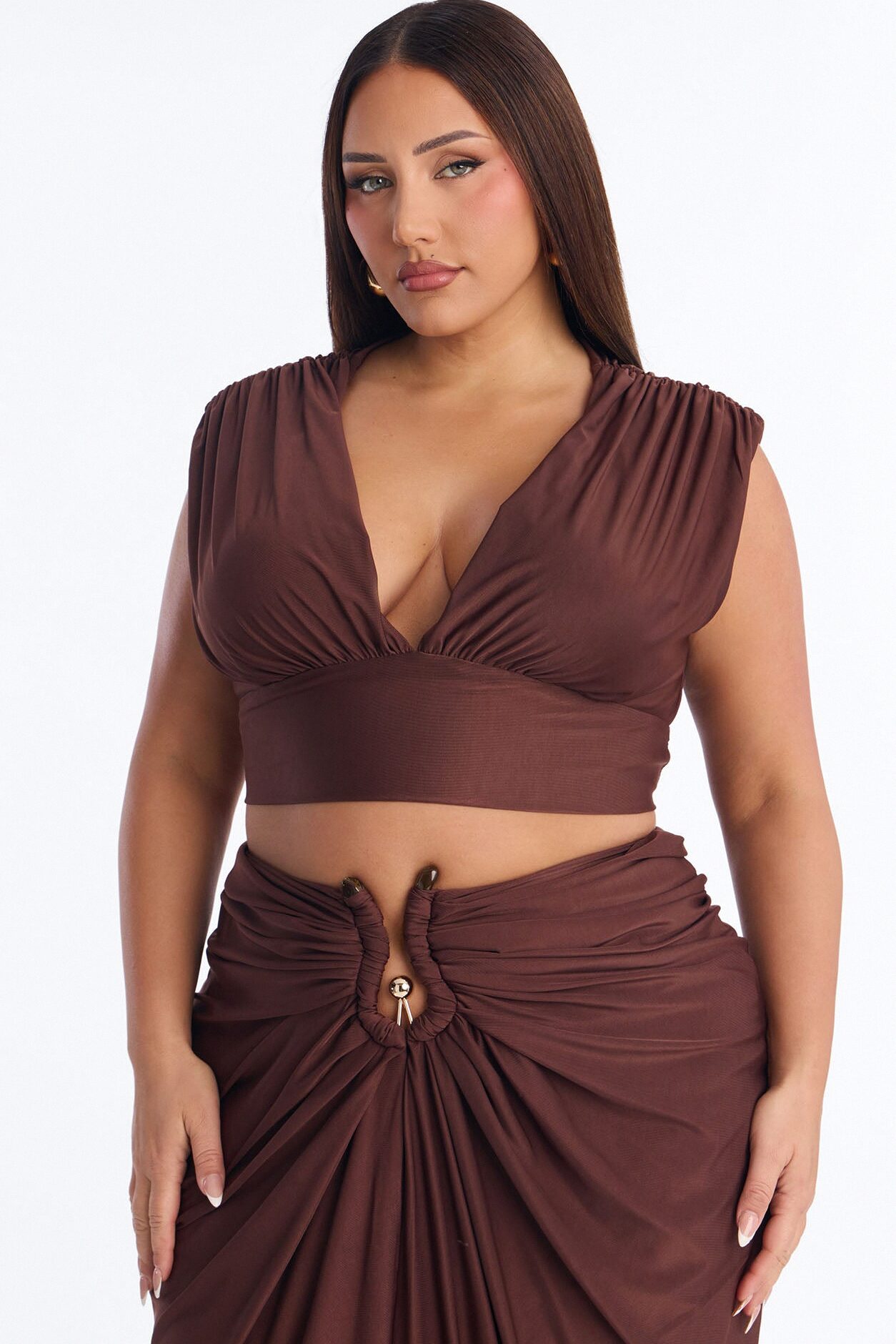 Divinely Draped Double Lined Skirt Set - Chocolate