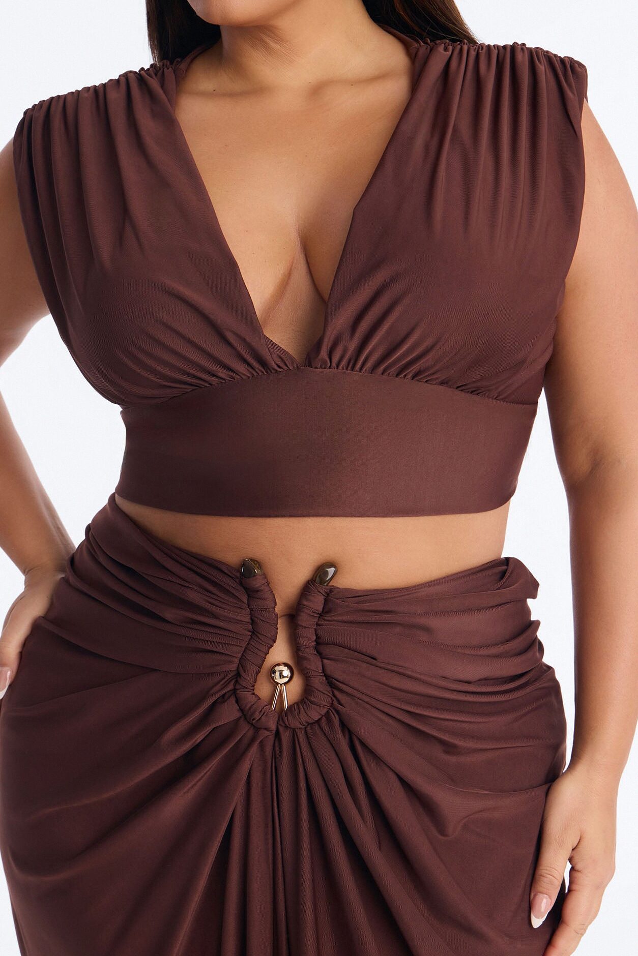 Divinely Draped Double Lined Skirt Set - Chocolate