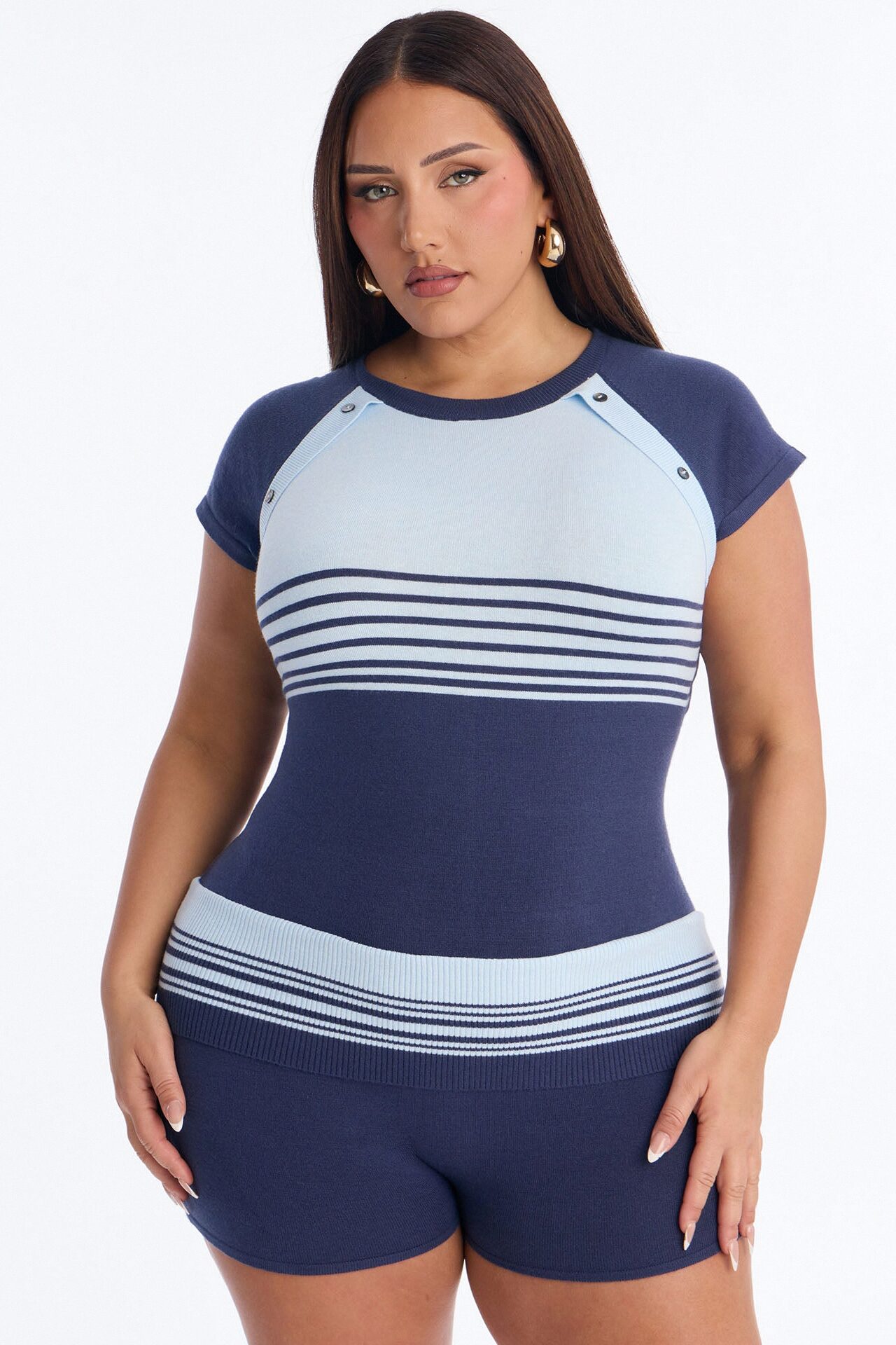 Elle Short Sleeve Striped Romper - Blue