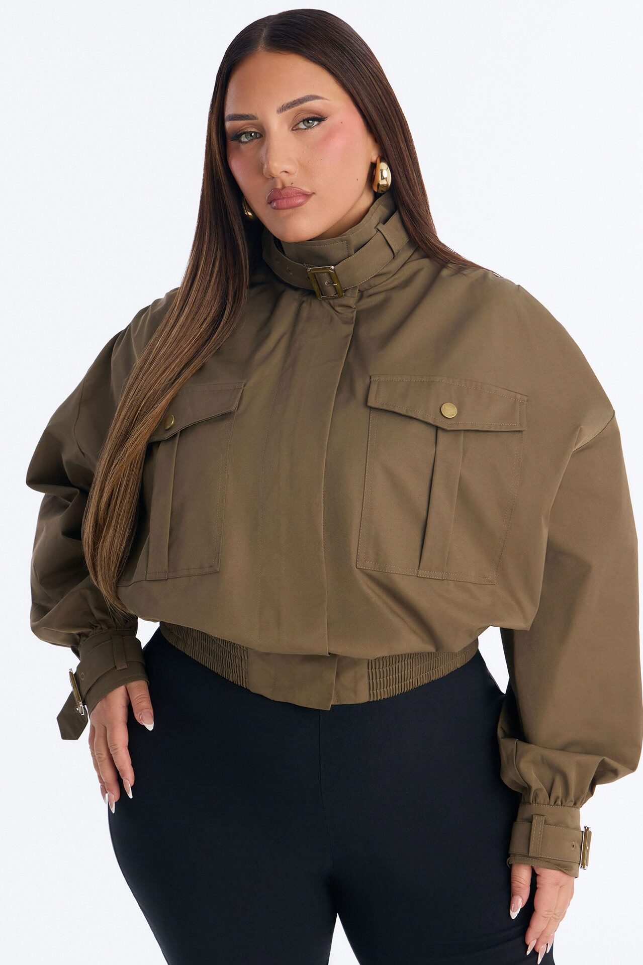 Gracelle Lightweight Twill Funnel Neck Bomber Jacket - Olive