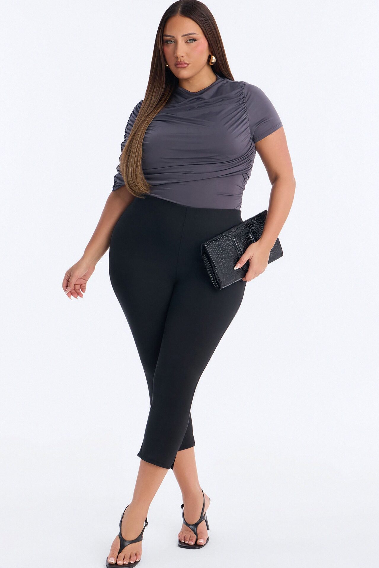 Paige Ruched Mock Neck Short Sleeve Bodysuit - Charcoal