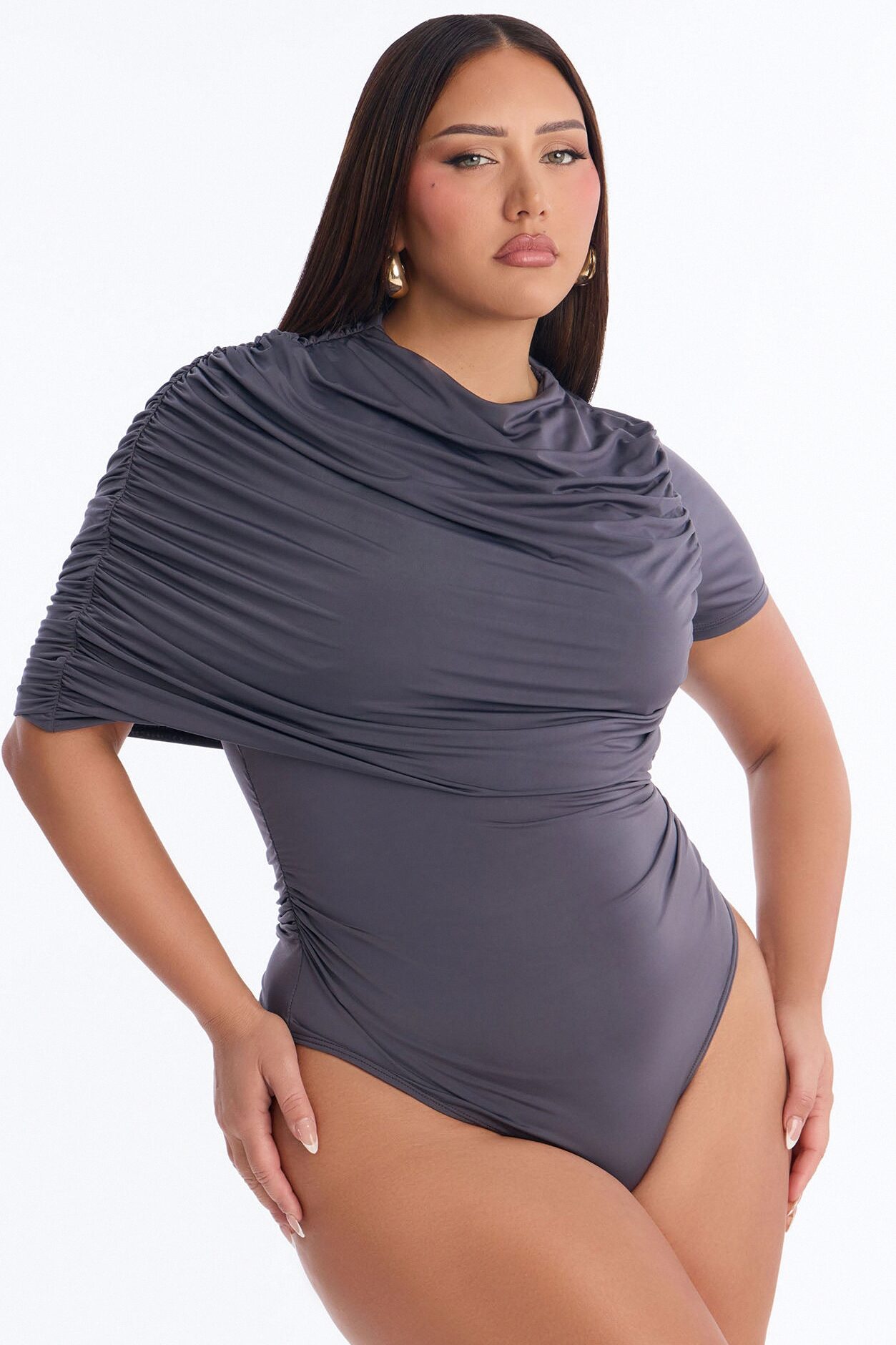 Paige Ruched Mock Neck Short Sleeve Bodysuit - Charcoal