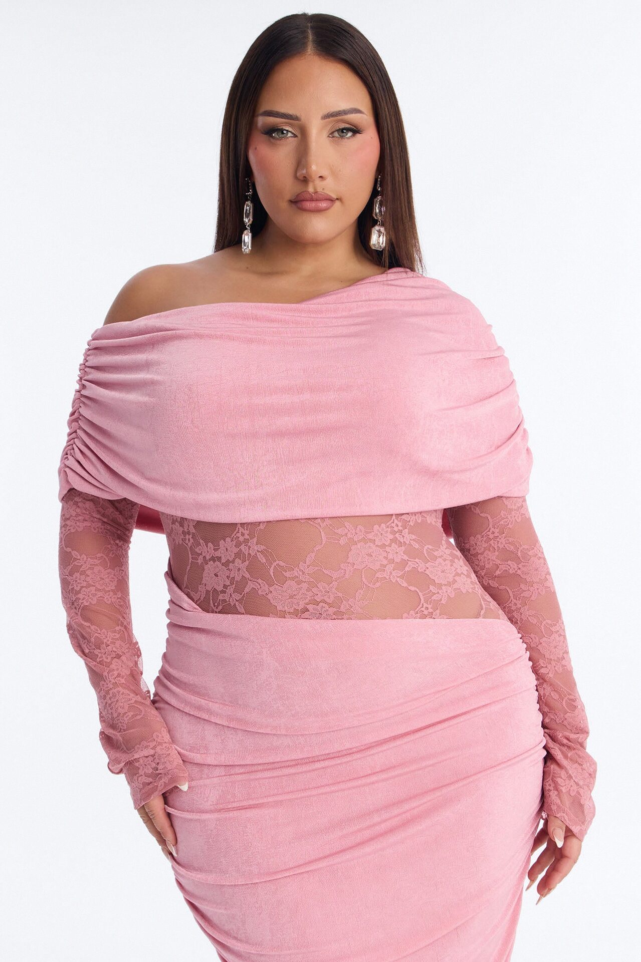 Nadia Lace Slinky Midi Dress - Mauve
