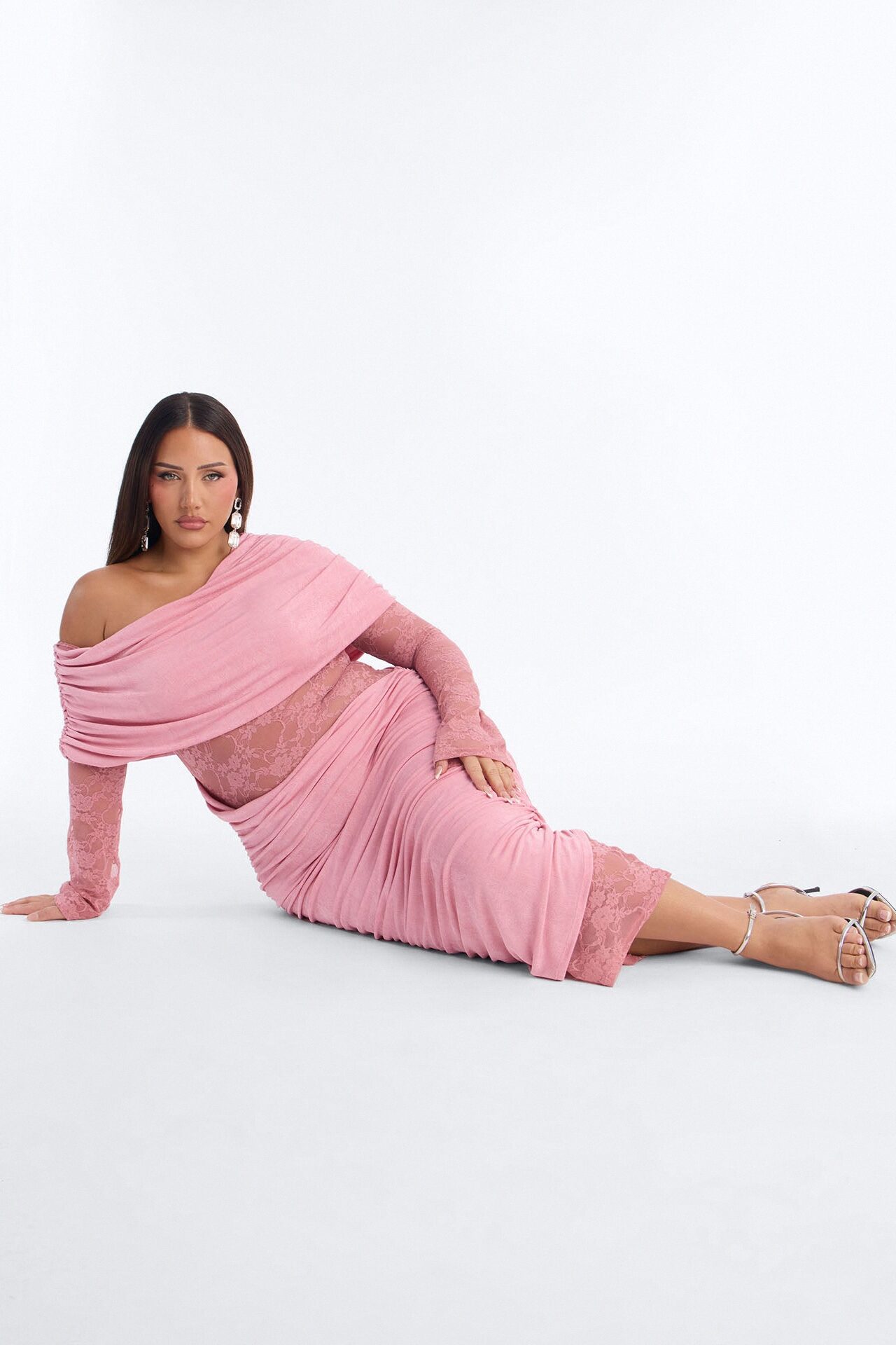 Nadia Lace Slinky Midi Dress - Mauve