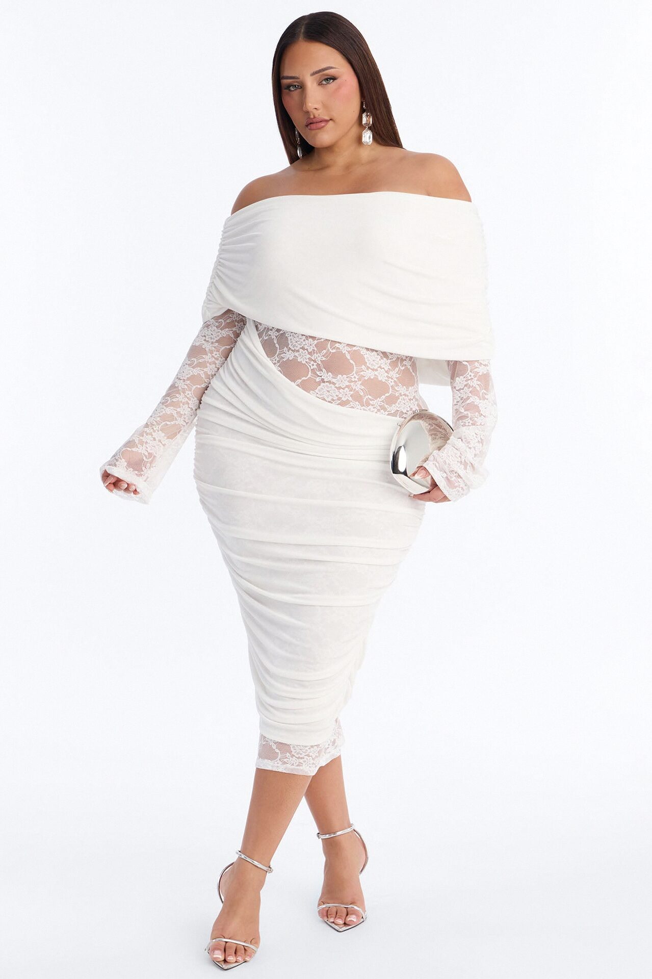 Nadia Lace Slinky Midi Dress - White