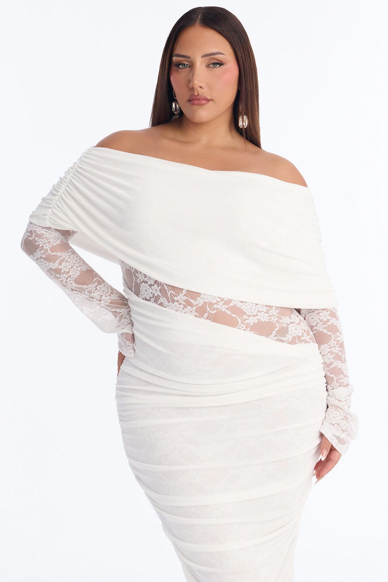 Nadia Lace Slinky Midi Dress - White