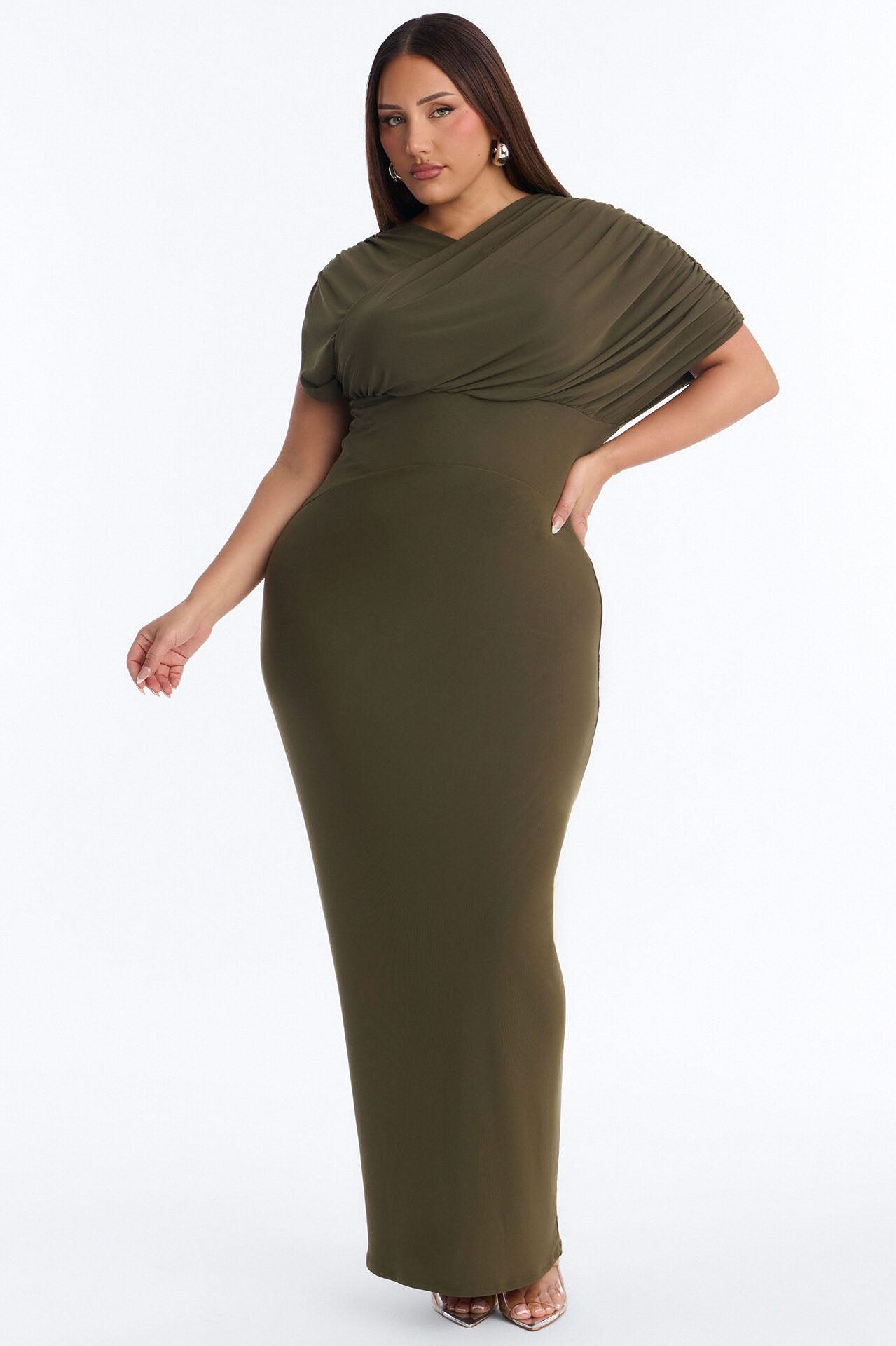 Naileah Draped Mesh Maxi Dress - Olive