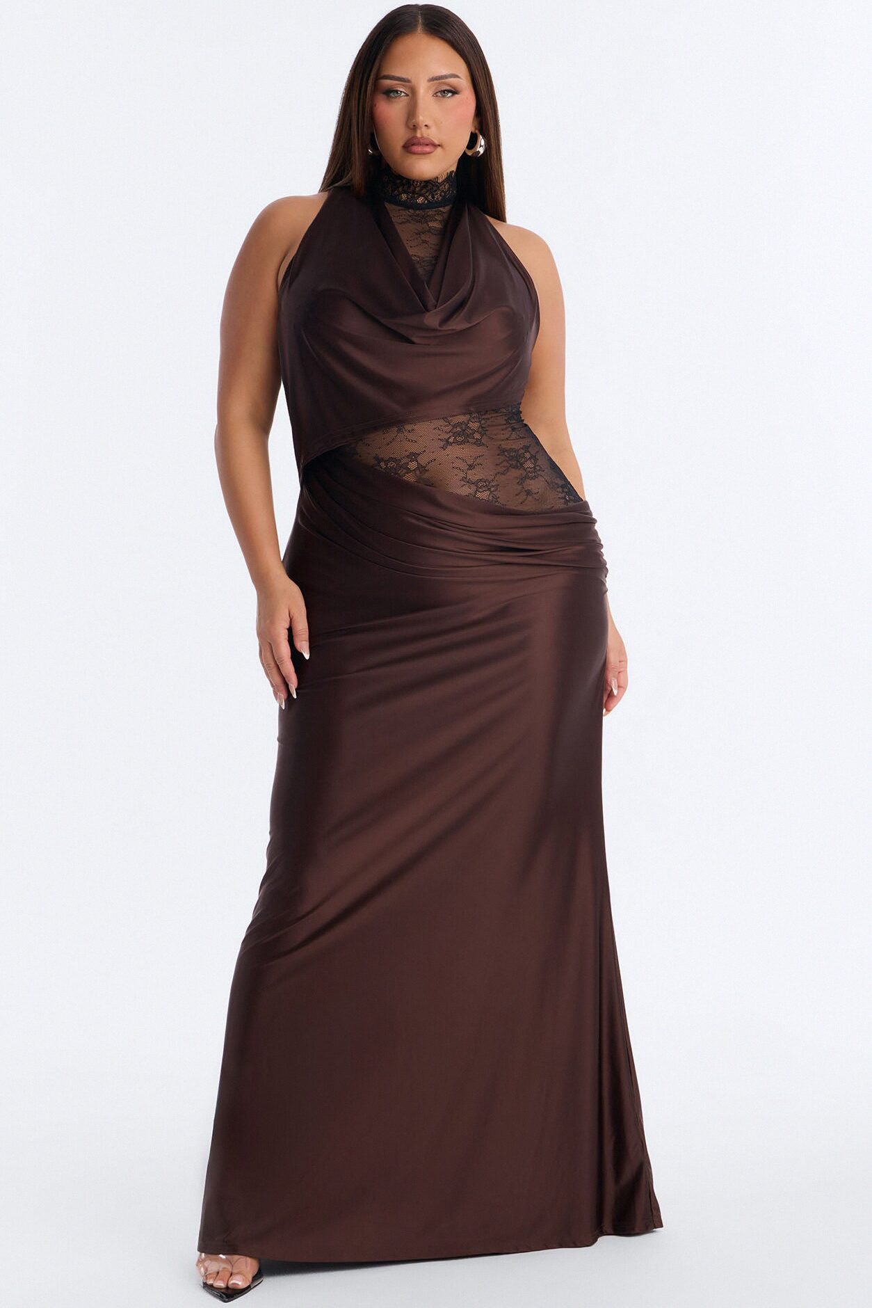 A Night Off Satin Lace Gown - Chocolate