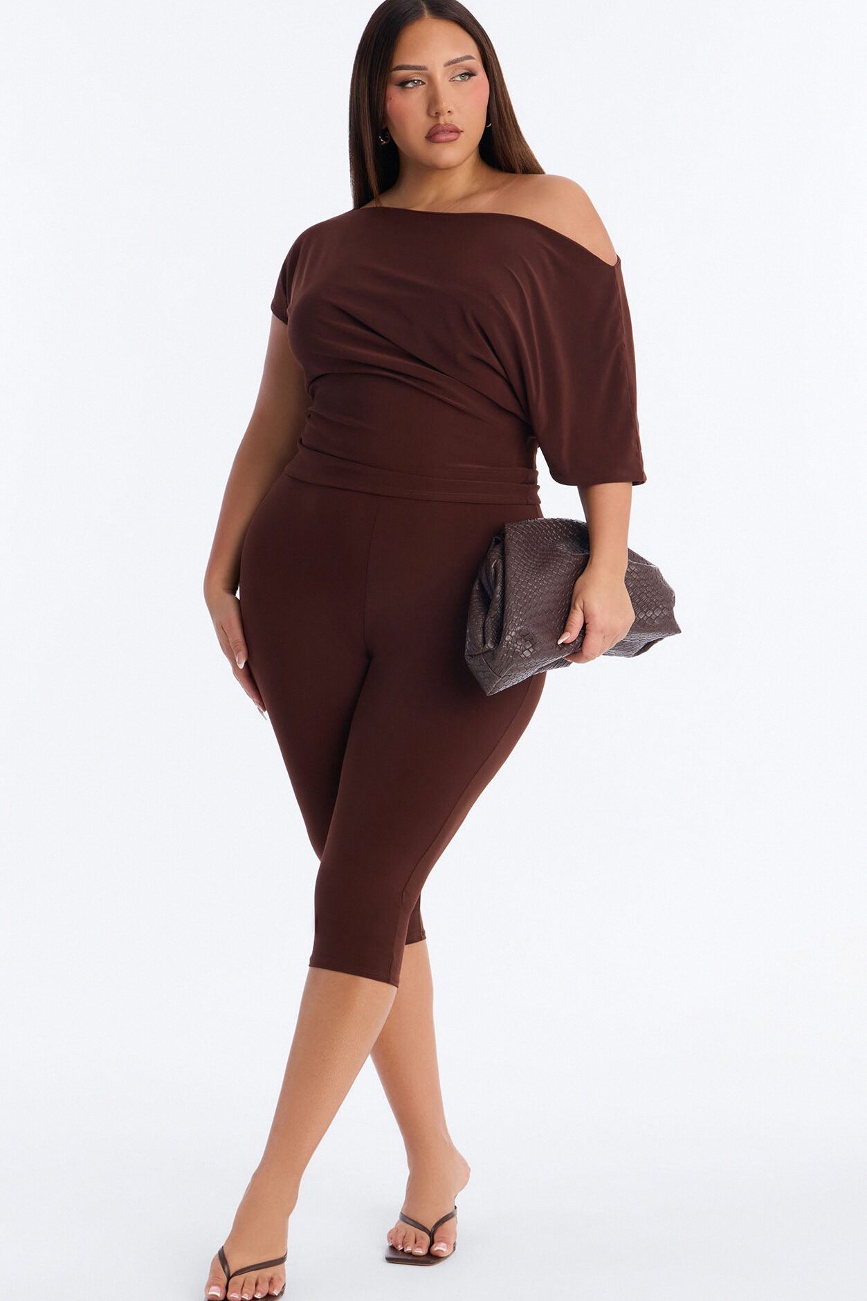 Cool Girl Casual Off Shoulder Capri Set - Brown