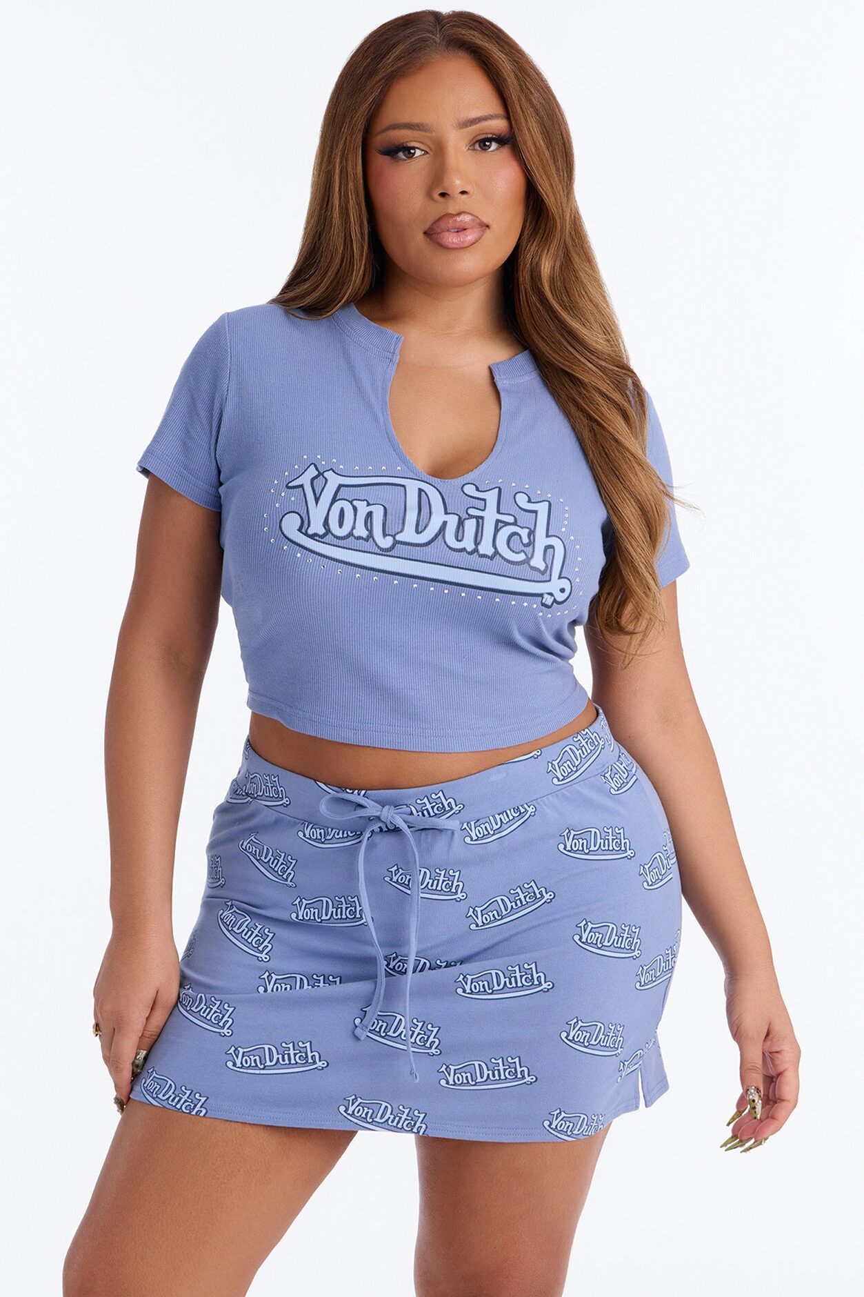 Von Dutch Rhinestone Baby Tee - Denim