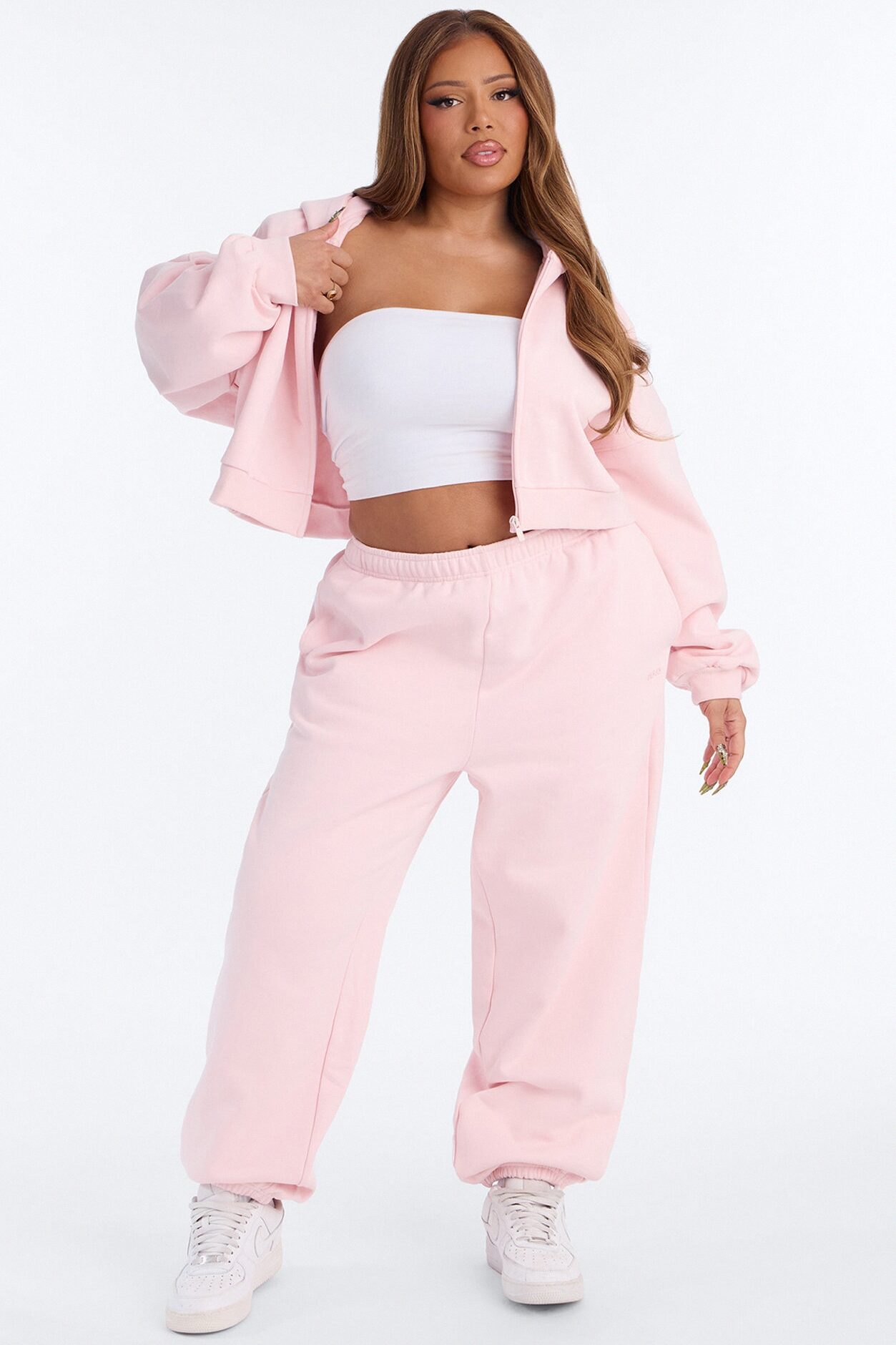 Libby Boxy Crop Zip Hoodie Fleece Sweatshirt - Pink