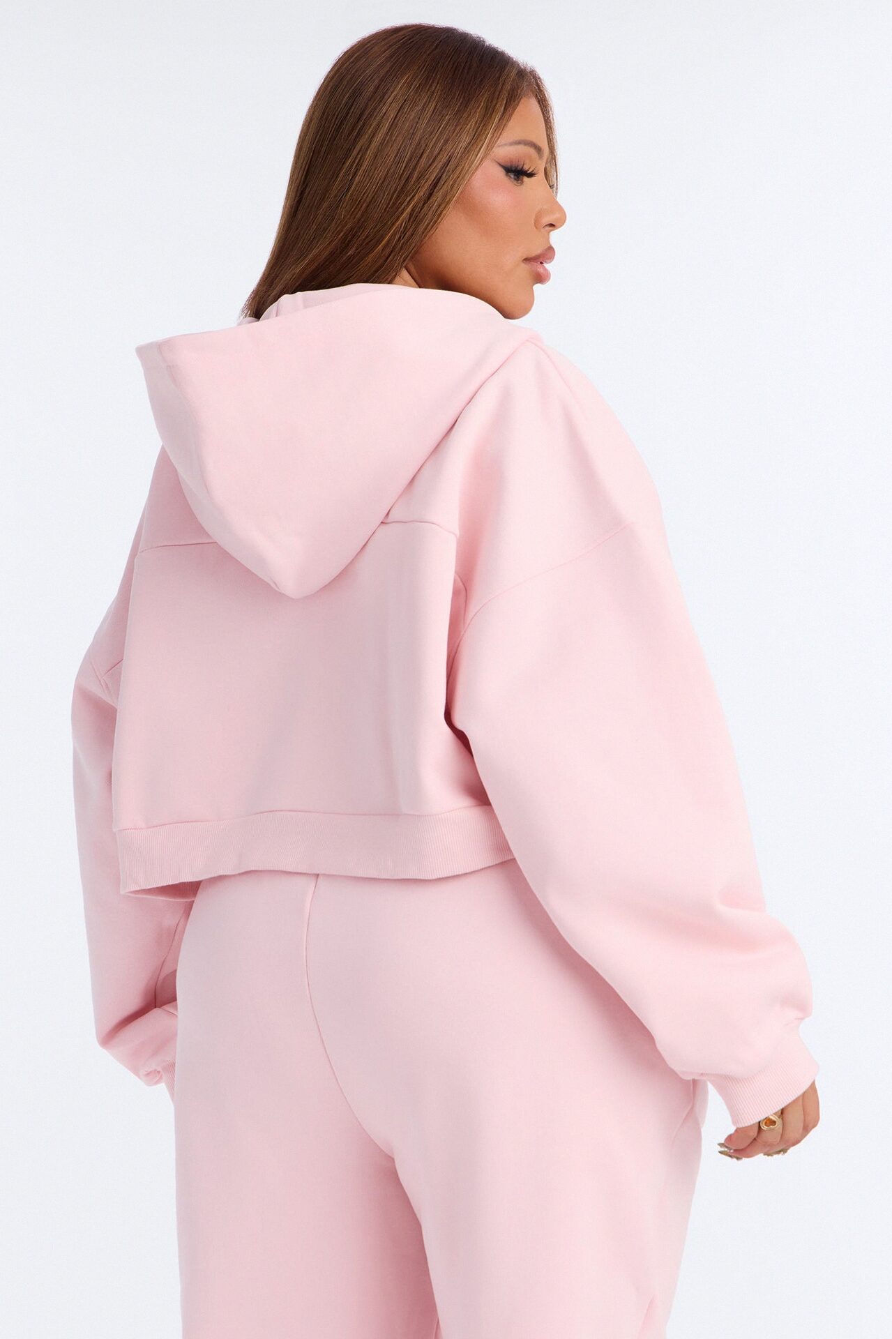 Libby Boxy Crop Zip Hoodie Fleece Sweatshirt - Pink