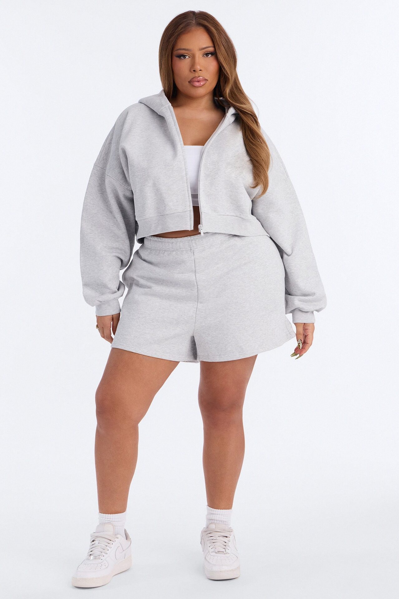 Libby Boxy Crop Zip Hoodie Fleece Sweatshirt - Heather Grey