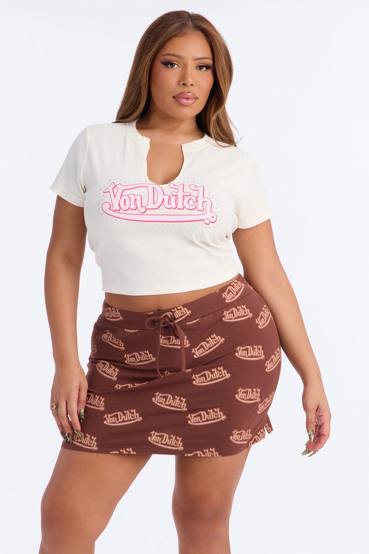 Von Dutch Notch Neck Rhinestone Baby Tee - Ivory
