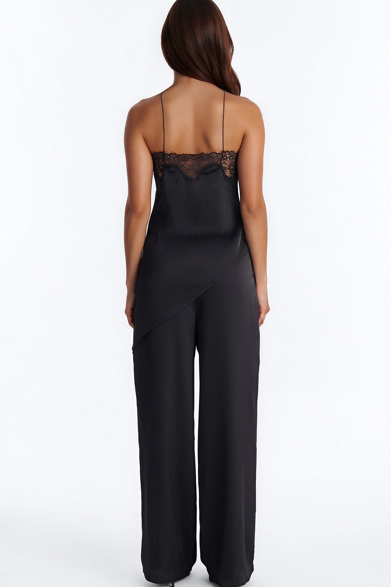 Caily Lace Trim Satin Jumpsuit - Black
