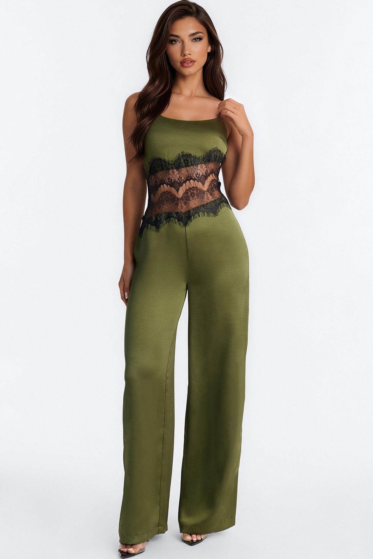 Francesca Lace Trim Wide Leg Jumpsuit - Olive