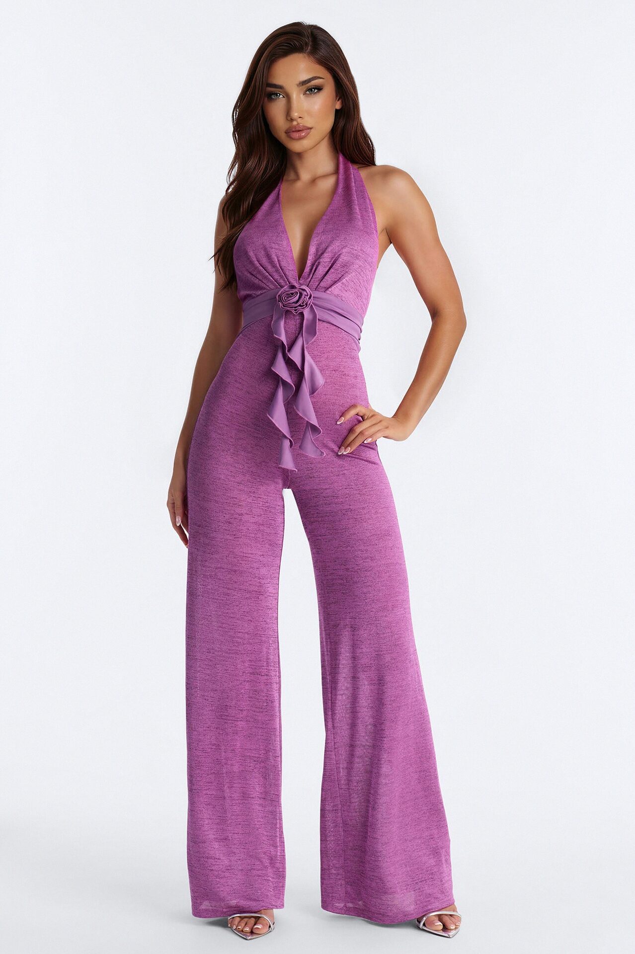Bella Plunge Neck Backless Ruffle Jumpsuit - Purple