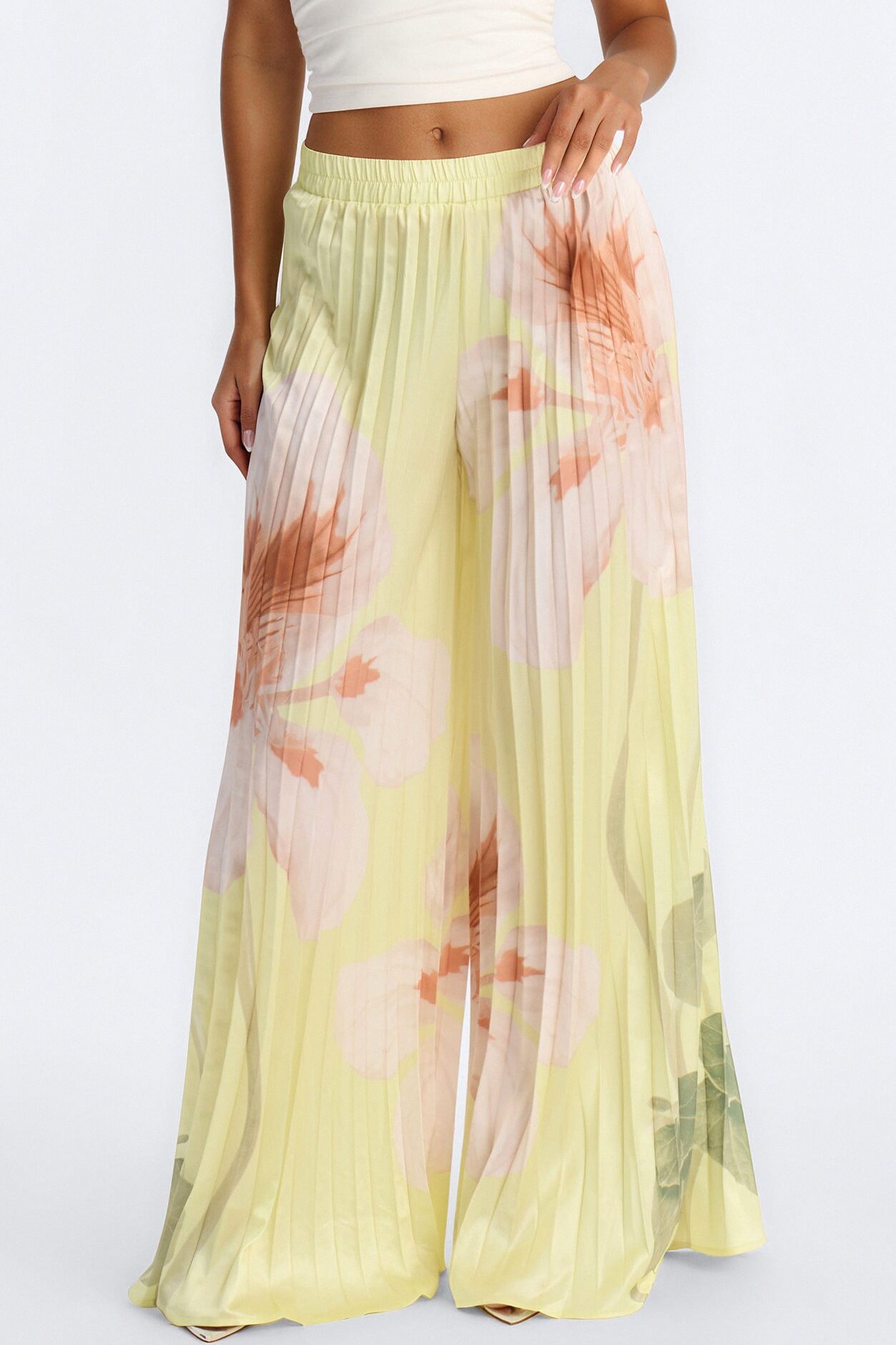 Penelope Plisse Satin Wide Leg Pant - Yellow/combo