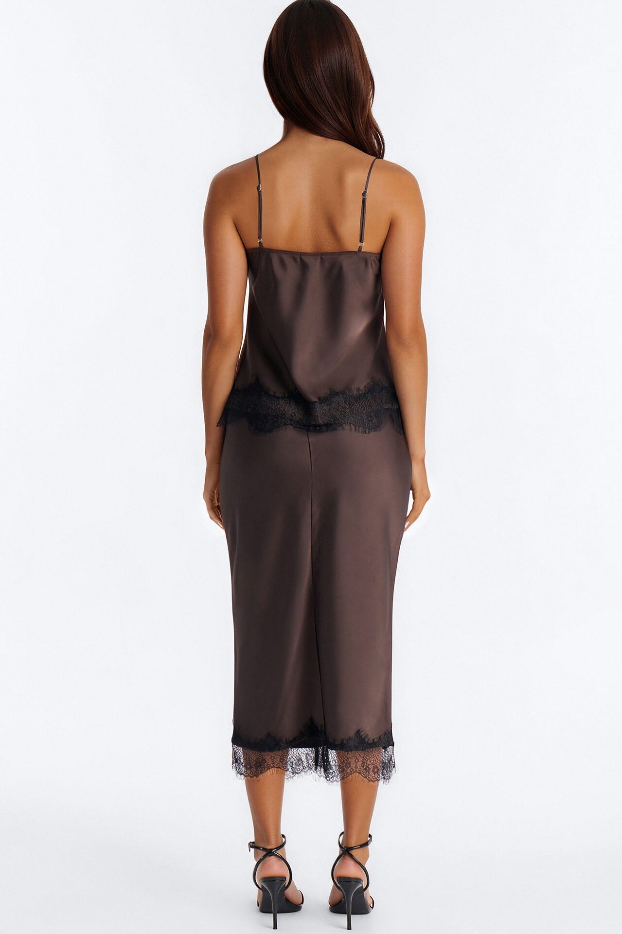 Late Night Kiss Satin Midi Skirt Set - Brown