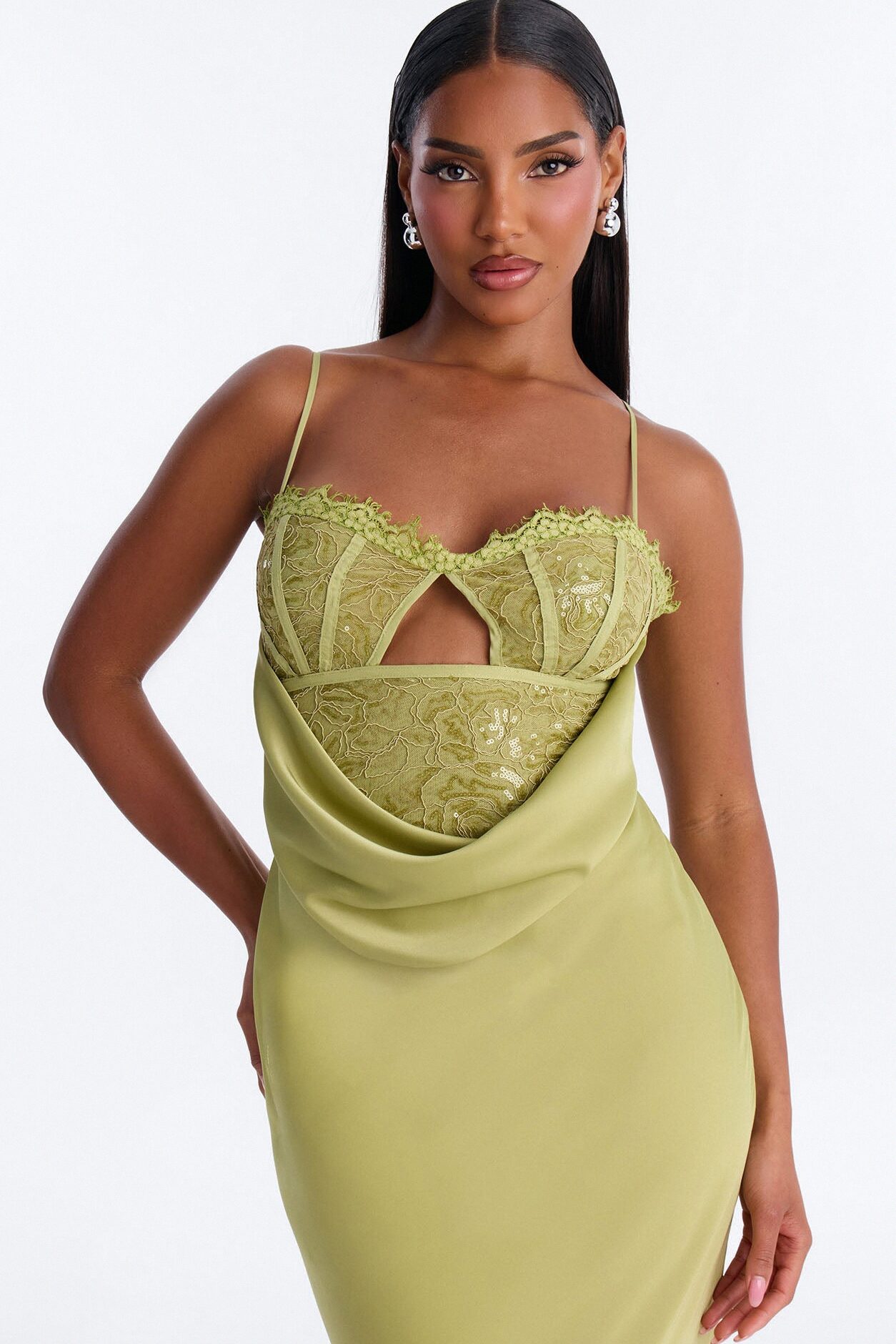 Pure Confidence Lace Satin Maxi Dress - Sage