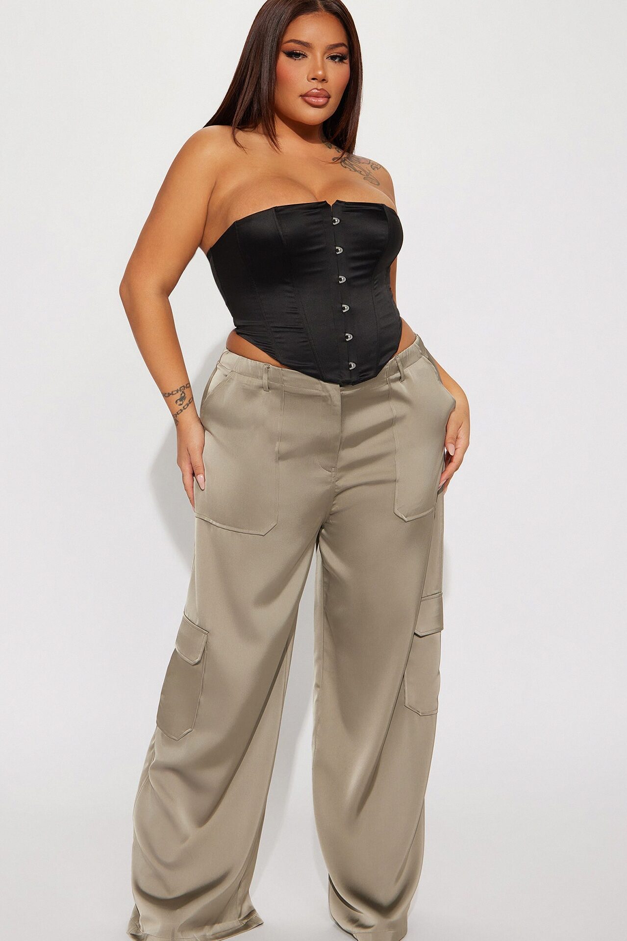 Pretty Girl Satin Cargo Pant - Olive