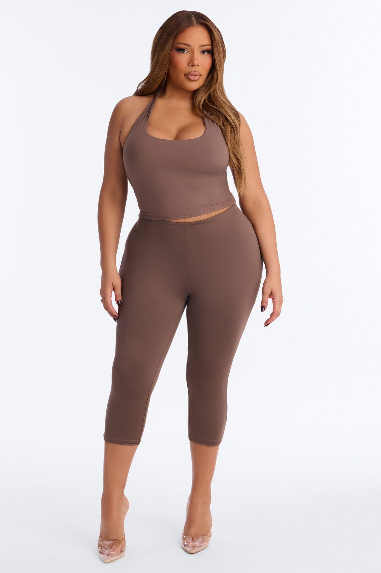 Second Skin Double Lined Twist U Neck Halter Top - Brown