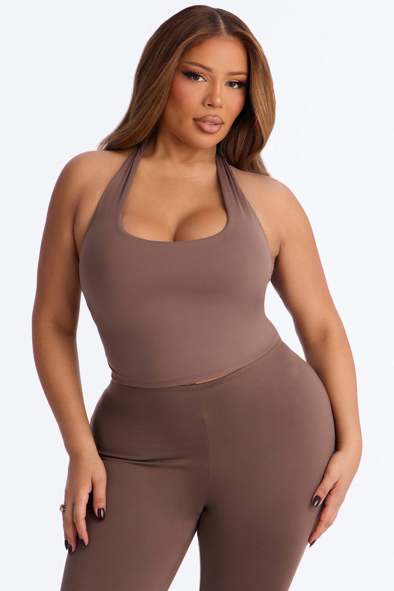 Second Skin Double Lined Twist U Neck Halter Top - Brown