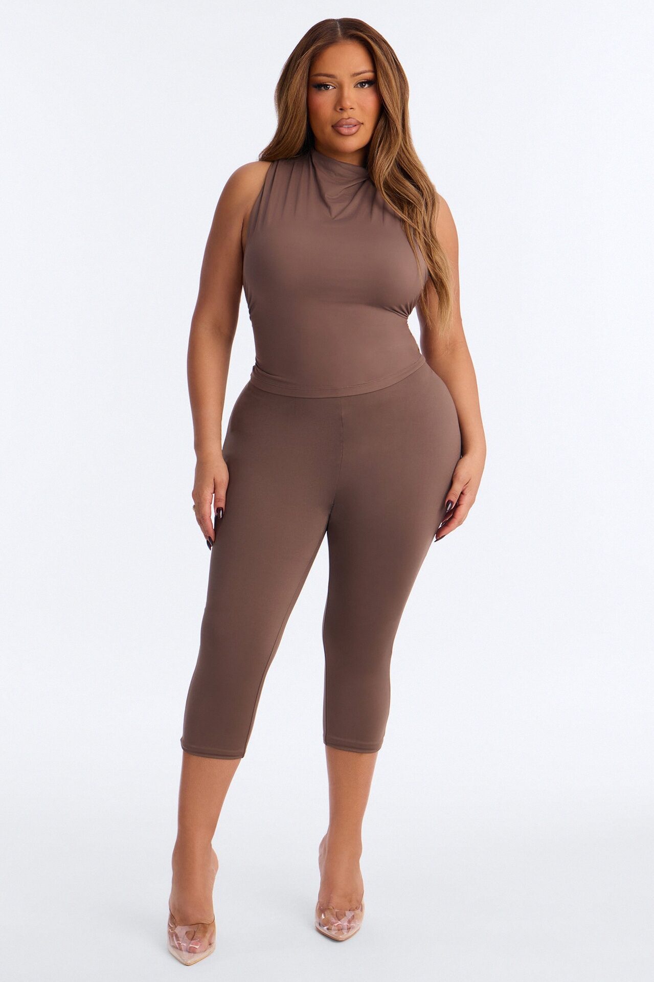Second Skin Double Lined Mock Neck Racerback Top - Brown