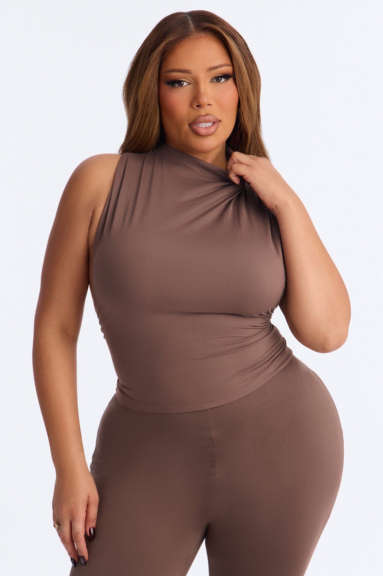 Second Skin Double Lined Mock Neck Racerback Top - Brown