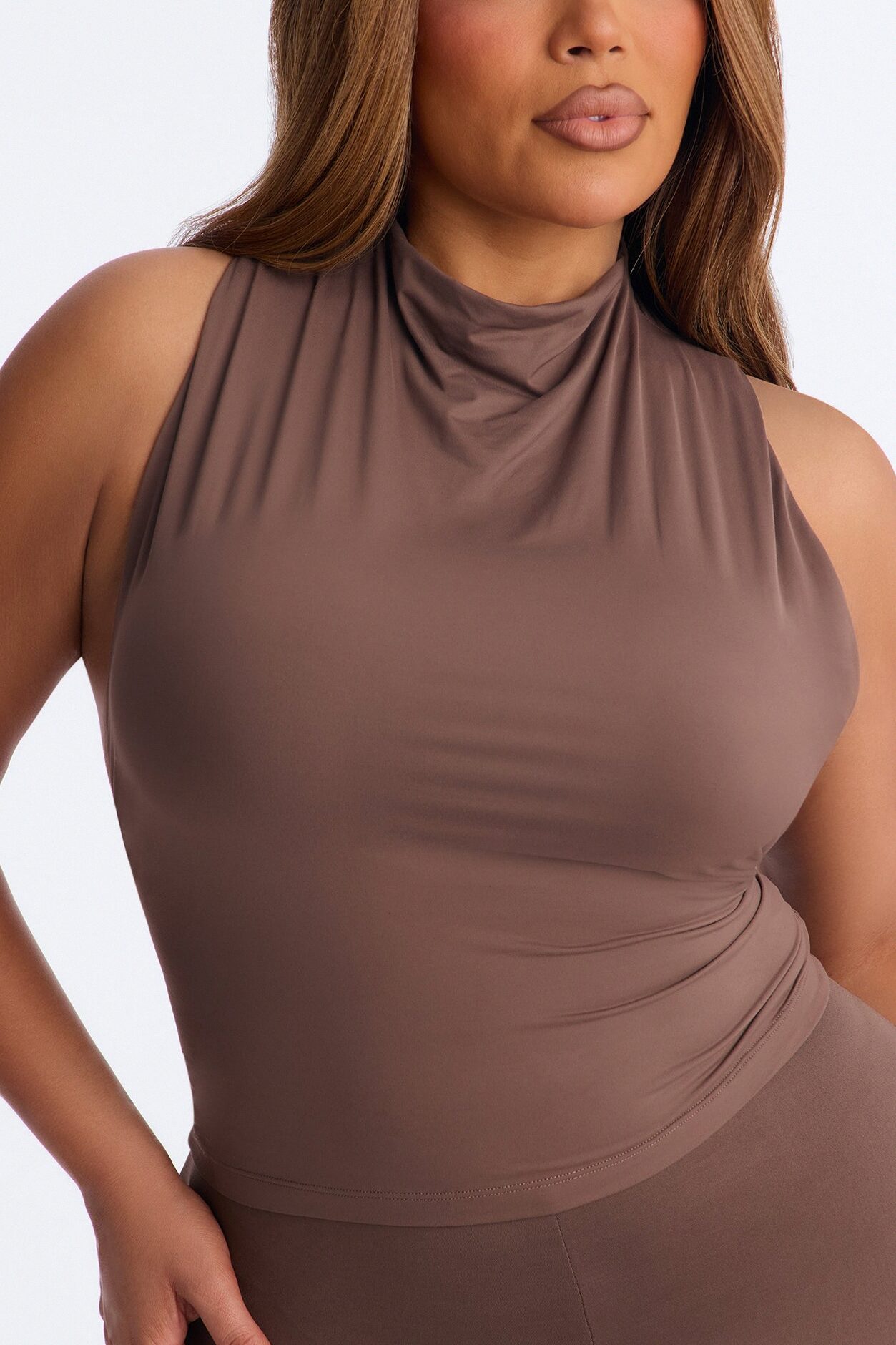 Second Skin Double Lined Mock Neck Racerback Top - Brown