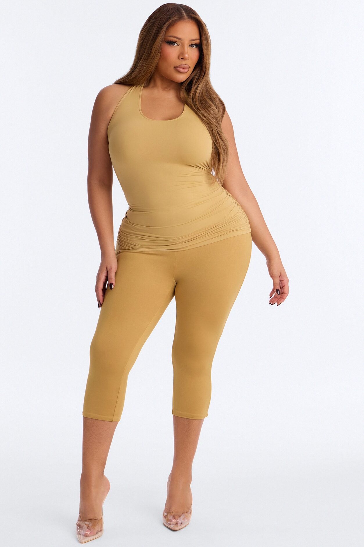 Second Skin Ruched Backless Halter Top - Honey