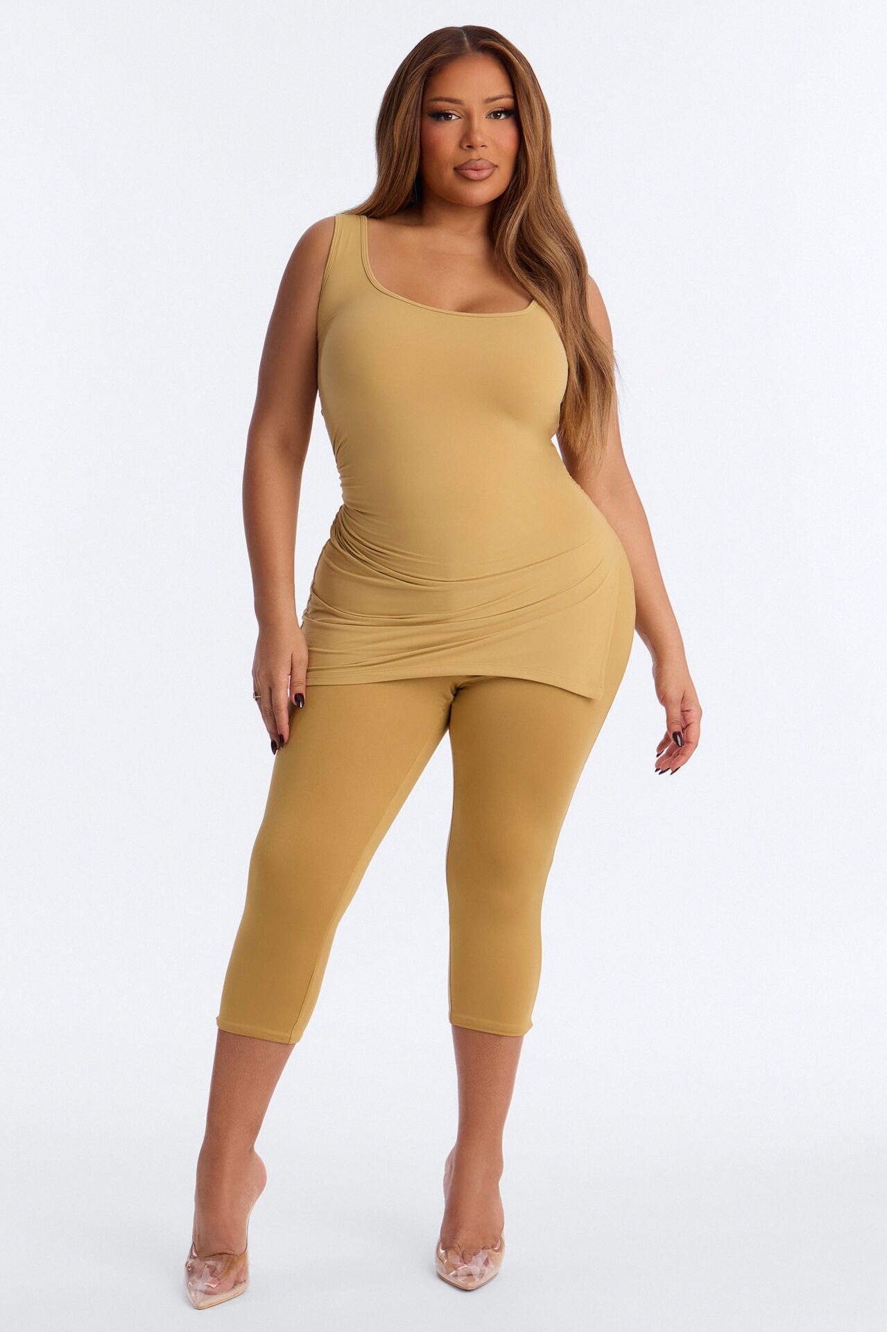 Second Skin Double Line Asymmetrical Ruched Tank Top - Honey
